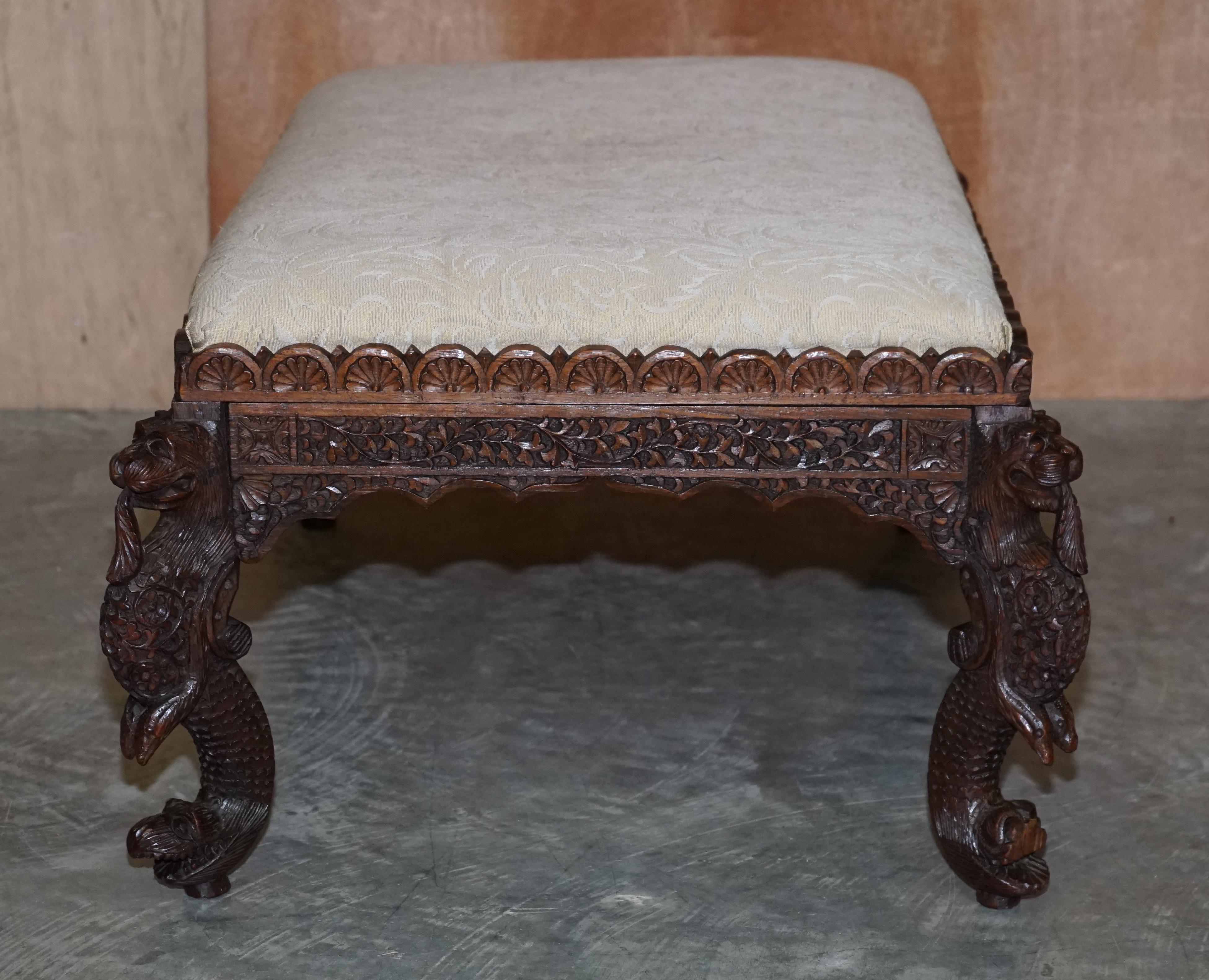Fine circa 1880 Antique Victorian Anglo Indian Burmese Carved Footstool Ottoman For Sale 2