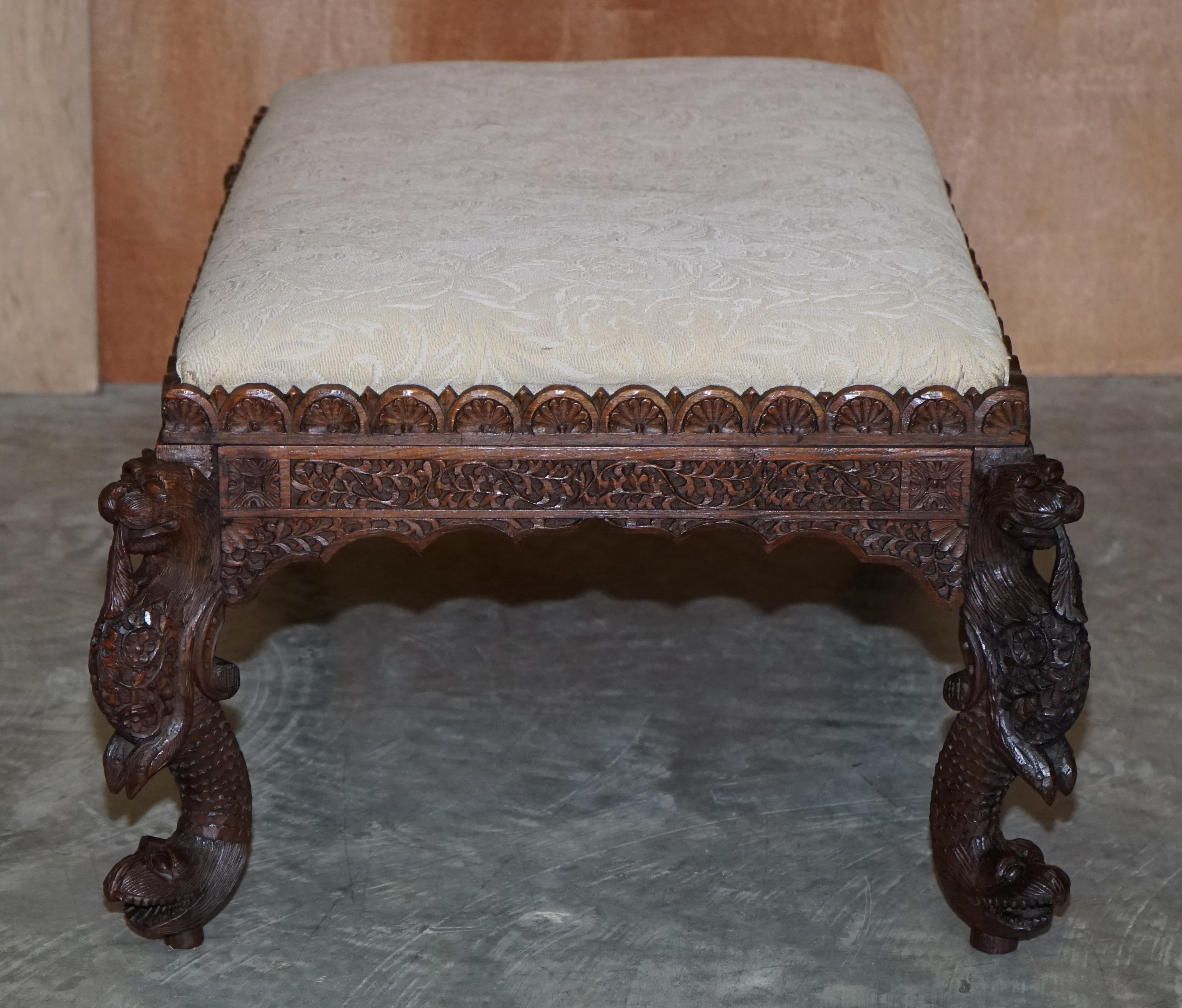 Upholstery Fine circa 1880 Antique Victorian Anglo Indian Burmese Carved Footstool Ottoman For Sale