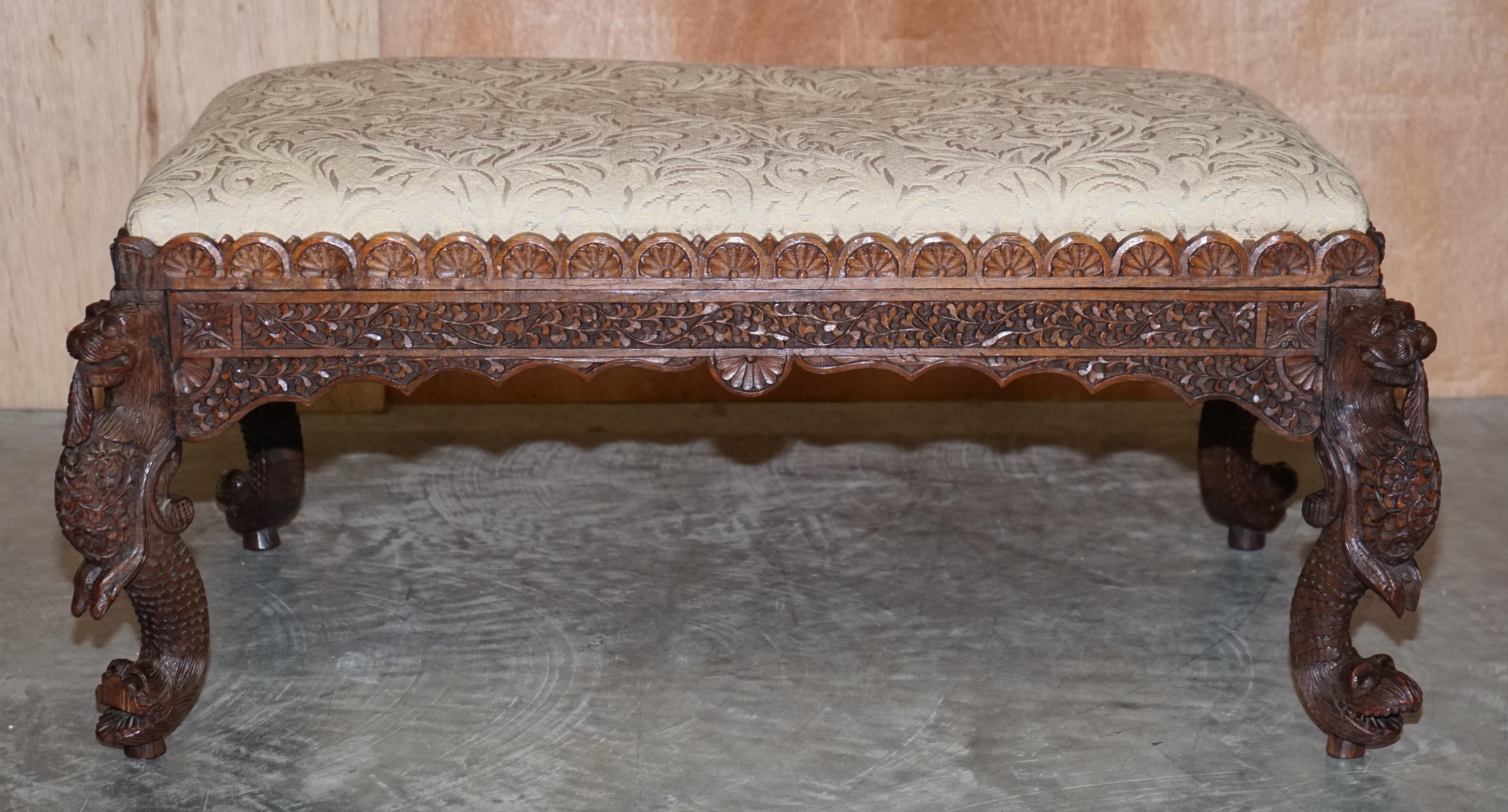 Fine circa 1880 Antique Victorian Anglo Indian Burmese Carved Footstool Ottoman For Sale 1