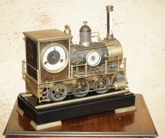 FINE CIRCA 1895 FRENCH AUTOMATON INDUSTRIAL LOCOMOTIVE MOVING GiLT BRONZE CLOCK