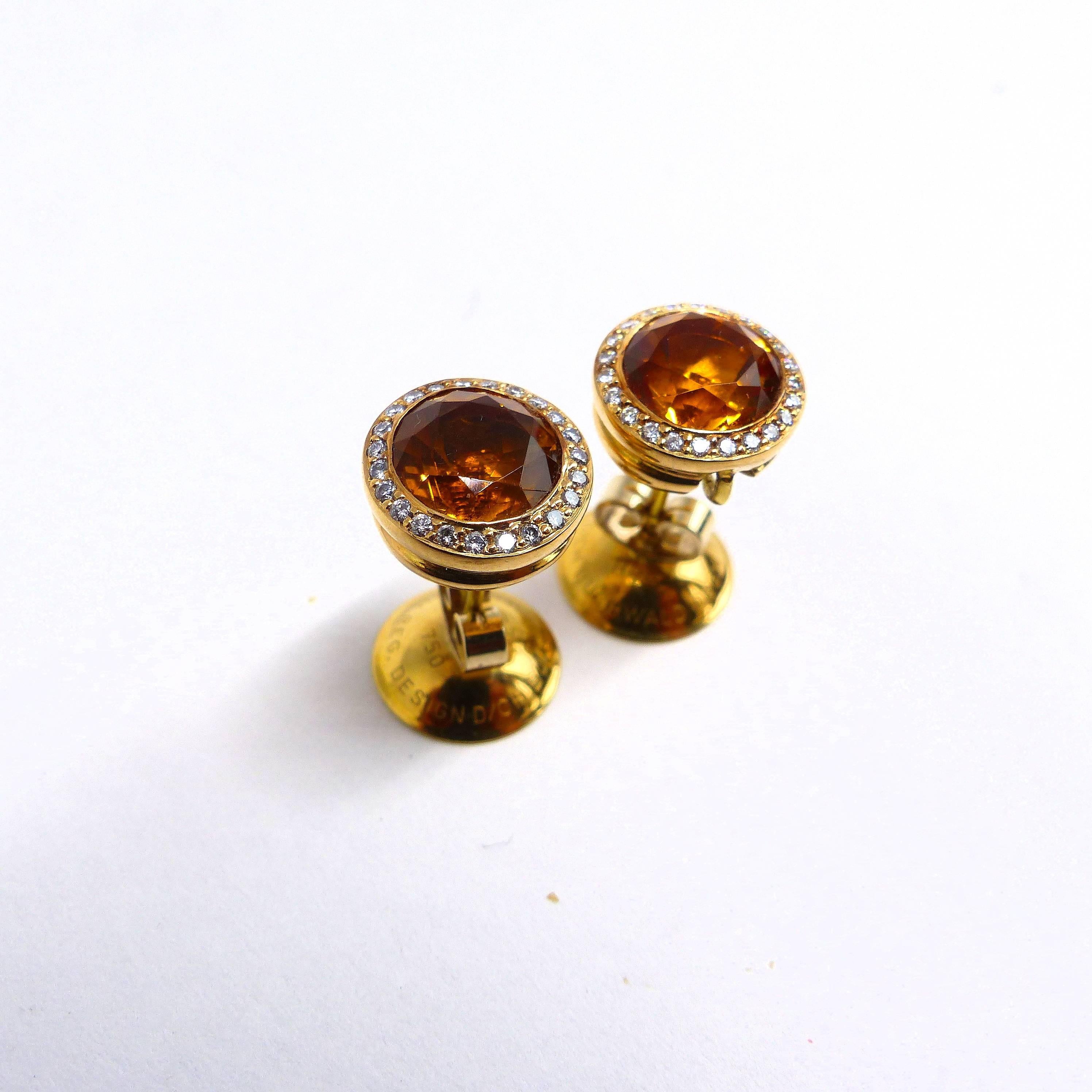Thomas Leyser is renowned for his contemporary jewellery designs utilizing fine gemstones. 
	
These 18k rose gold (12.25g) pair of earrings are set with 2x fine Citrines (facetted, 8mm, 4,69ct.) accentuated by 46 Diamonds (brillant-cut, 1mm, G(VS),