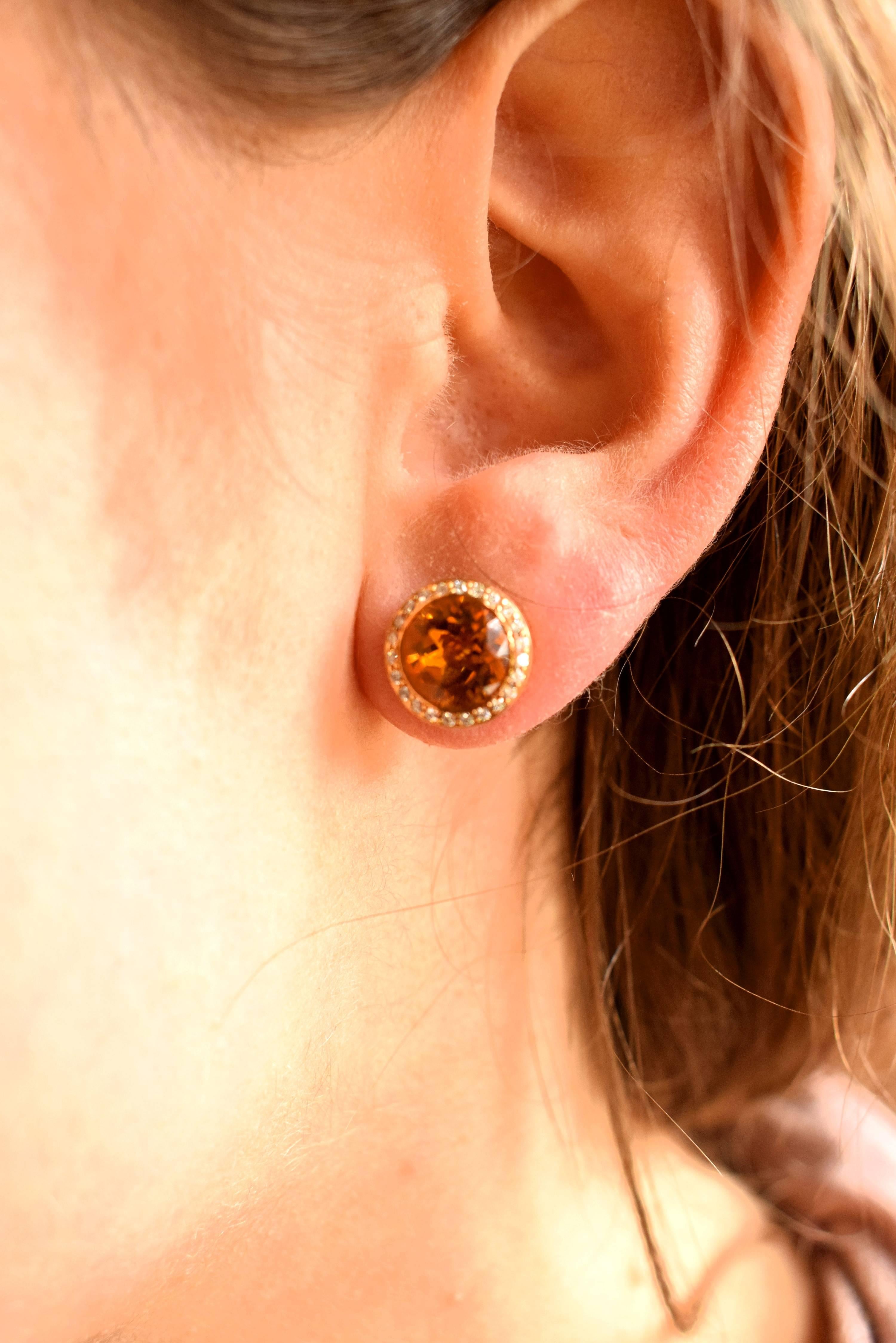 Earrings in Rose Gold with 2 Citrines and Diamonds. In New Condition For Sale In Idar-Oberstein, DE