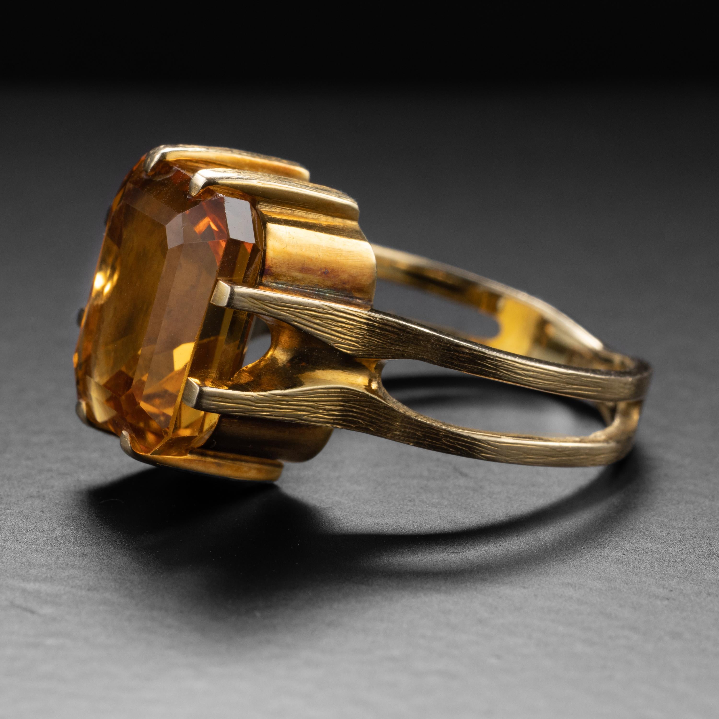 Emerald Cut Midcentury Brutalist Citrine Ring