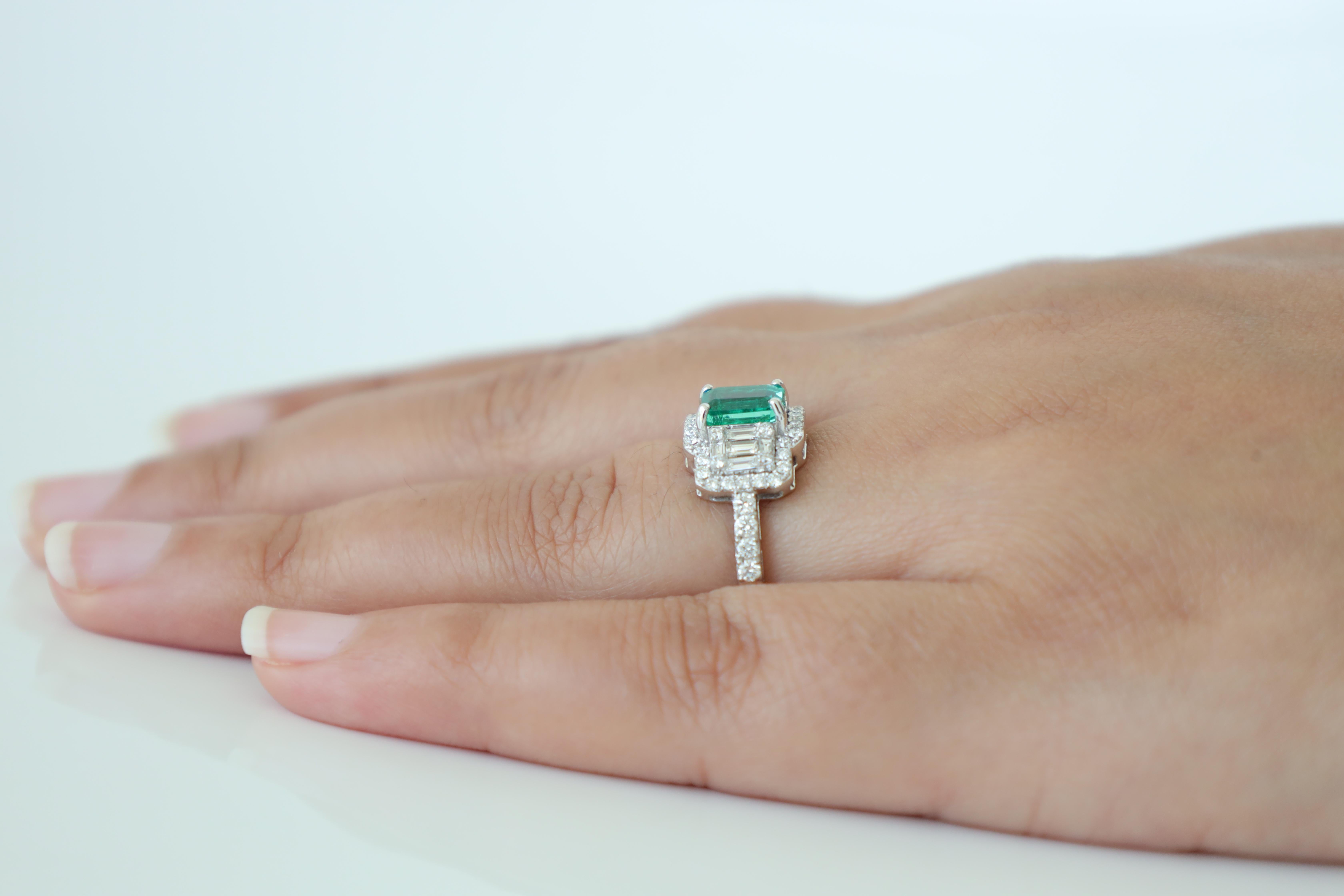 Emerald Cut Fine Clear Emerald 1.24 Carat with Diamonds Engagement Ring For Sale
