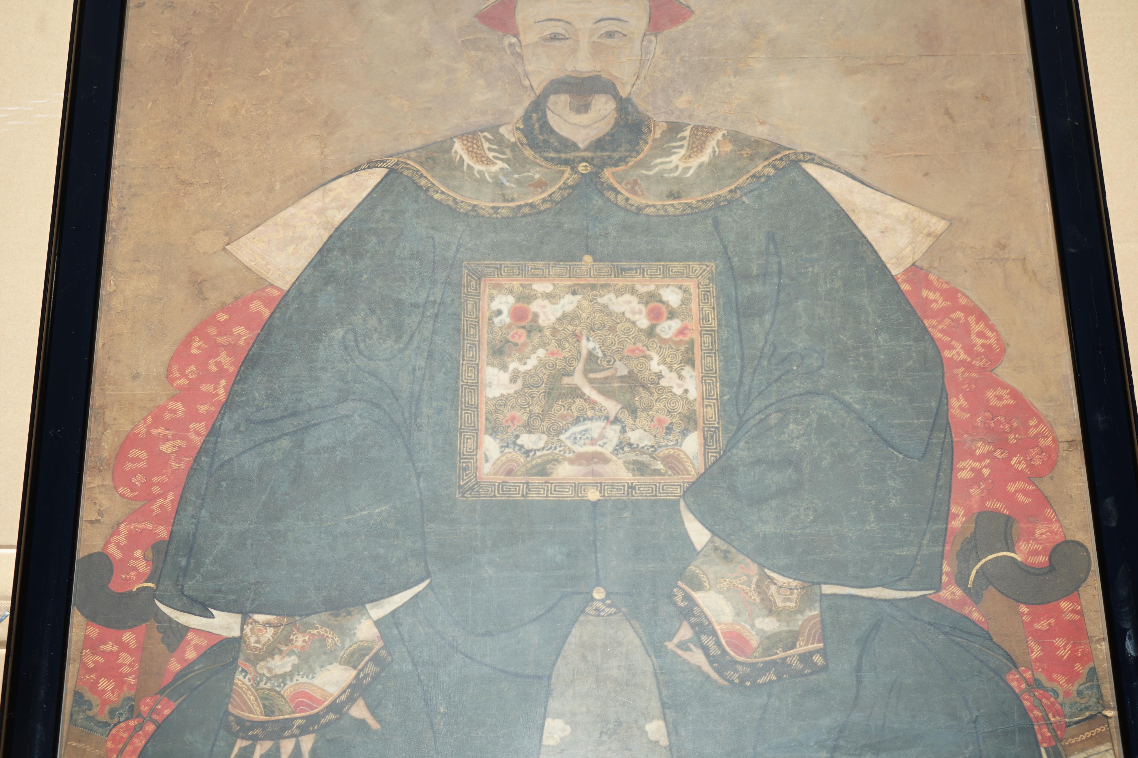 Hand-Painted FiNE & COLLECTABLE ANTIQUE CIR 1860 CHINESE ANCESTRAL PORTRAIT IN MUSEUM FRAME For Sale