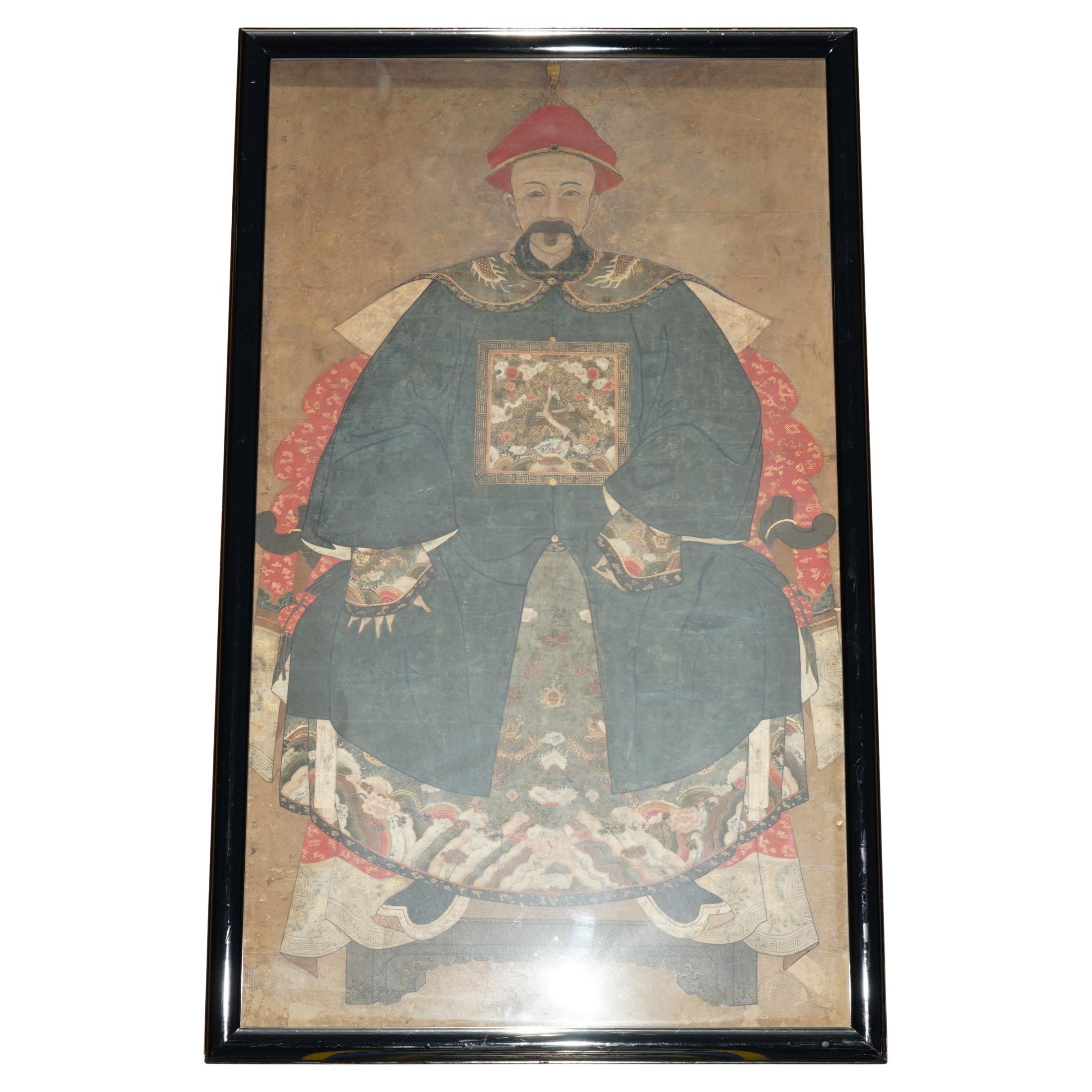 FiNE & COLLECTABLE ANTIQUE CIR 1860 CHINESE ANCESTRAL PORTRAIT IN MUSEUM FRAME