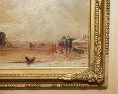 FiNE & COLLECTABLE SMALL 21X28CM ANTIQUE VICTORIAN OIL PAINTING OF A BEACH SCENE
