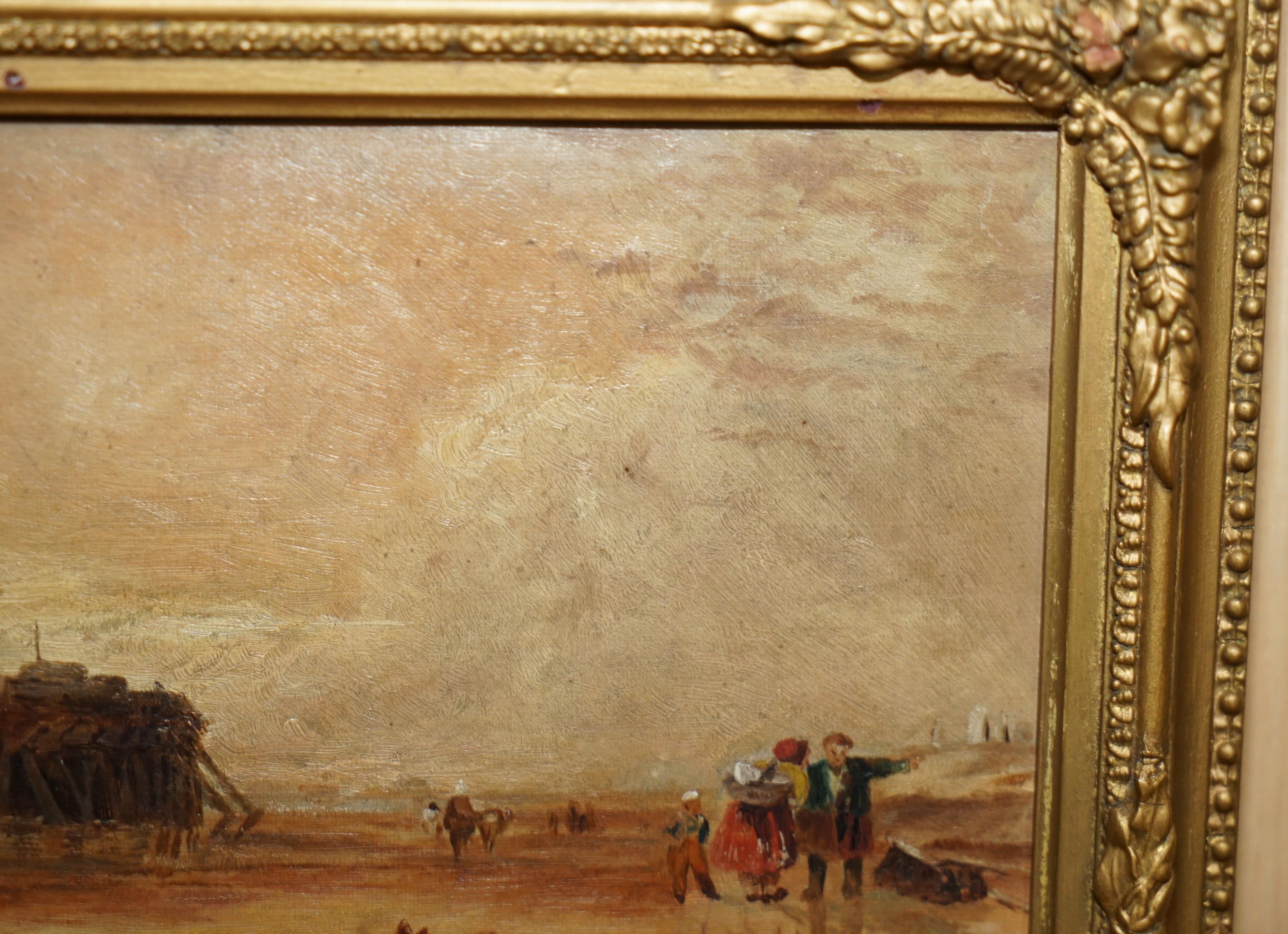 Late 19th Century FiNE & COLLECTABLE SMALL 21X28CM ANTIQUE VICTORIAN OIL PAINTING OF A BEACH SCENE