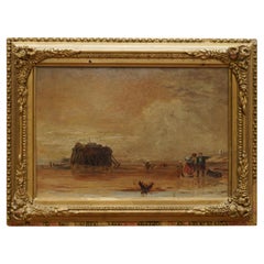 FiNE & COLLECTABLE SMALL 21X28CM ANTIQUE VICTORIAN OIL PAINTING OF A BEACH SCENE