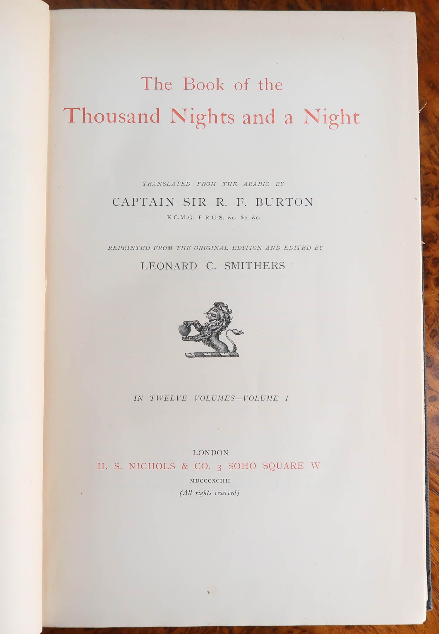 Fino juego completo de Las mil y una noches en 12 volúmenes. 1894 Islámico
