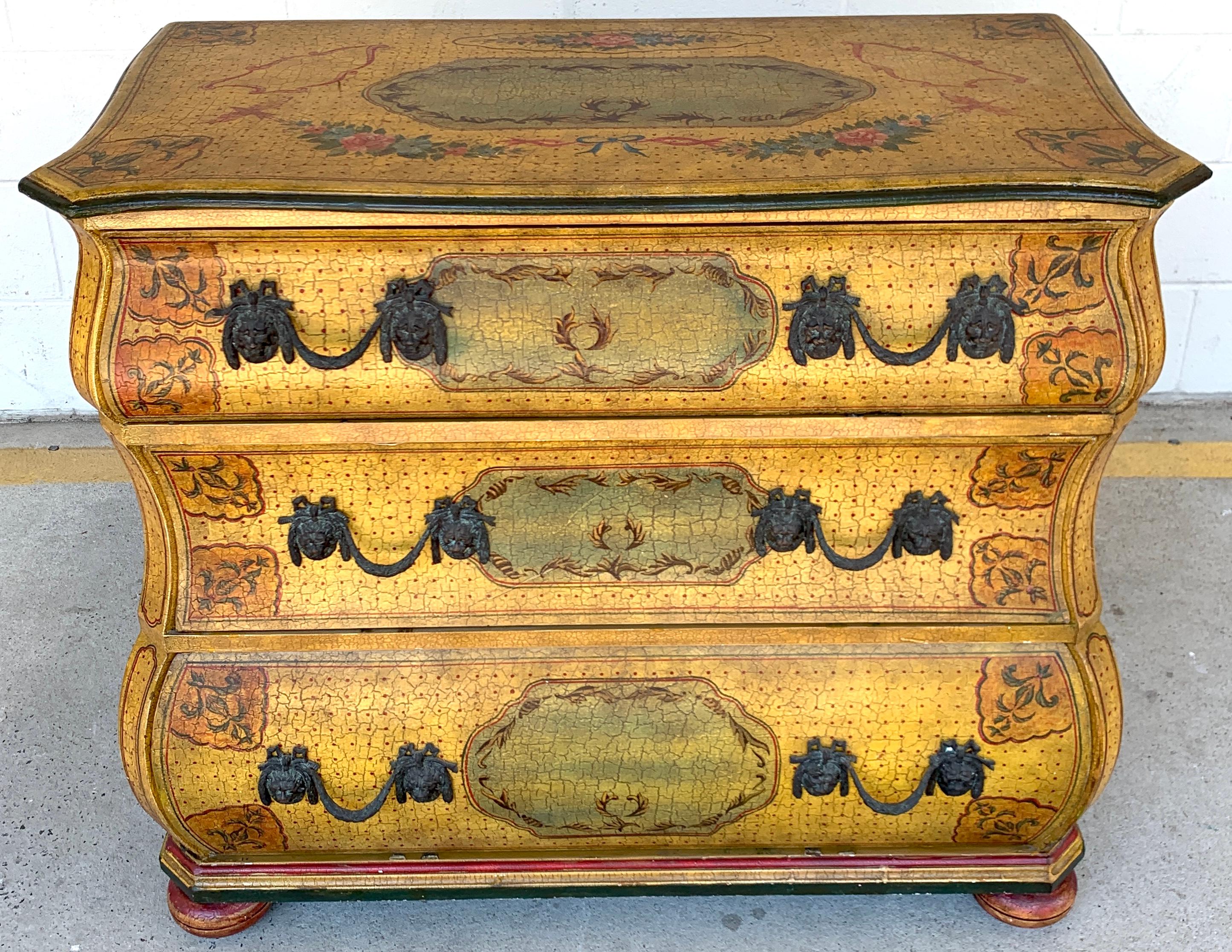 Fine Continental neoclassical painted bombe commode, nicely painted with vignettes of florals and laurels, with crackle surface, fitted with three graduating drawers 7