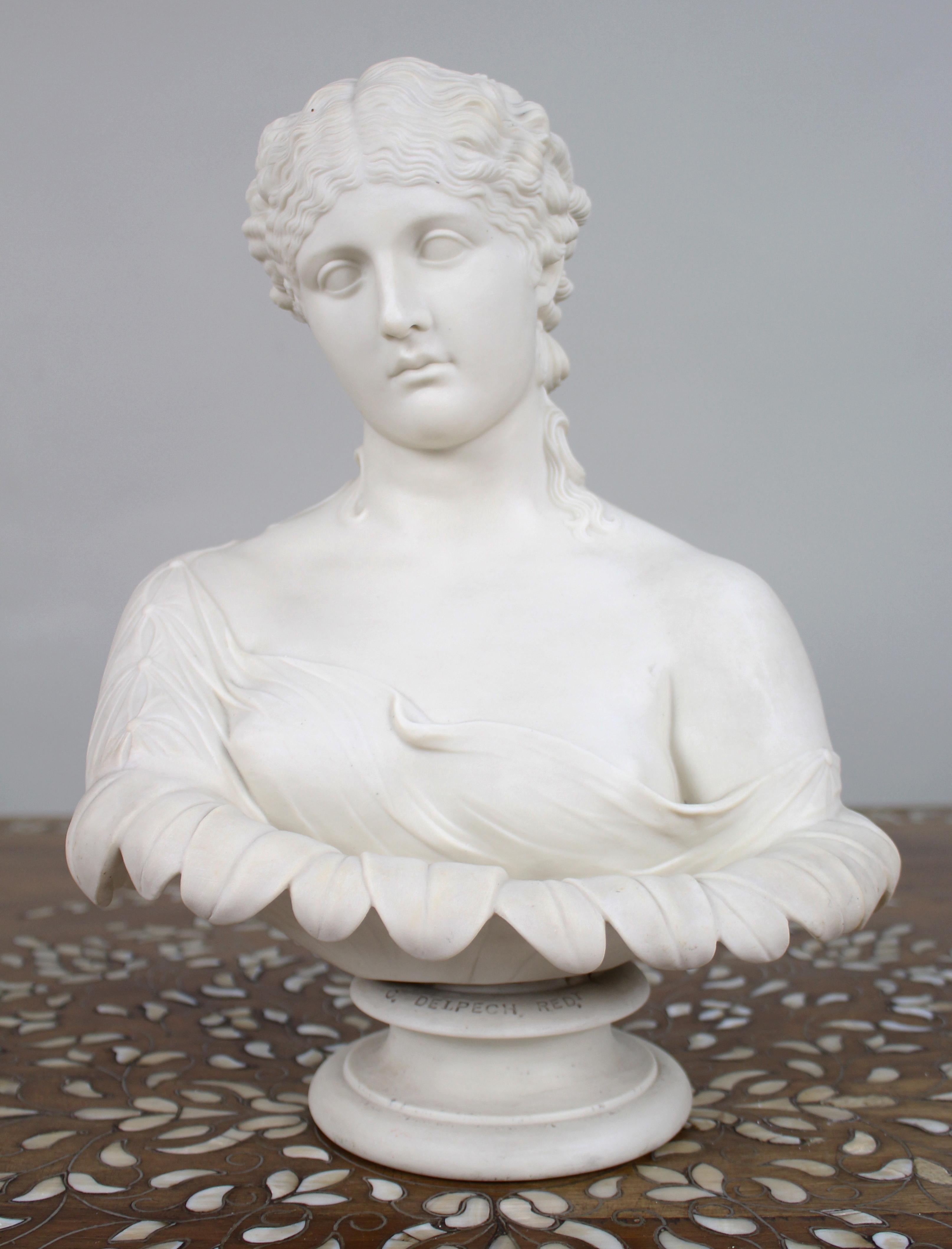 Fine Copeland Parian C.Delpech Busto Clytie

Un busto di Clytie in porcellana parigina del XIX secolo, ben modellato, dello scultore Charles Delpech, prodotto da W&T. Copeland & Sons per l'Art Union of London.

Il soggetto, tratto dalla mitologia