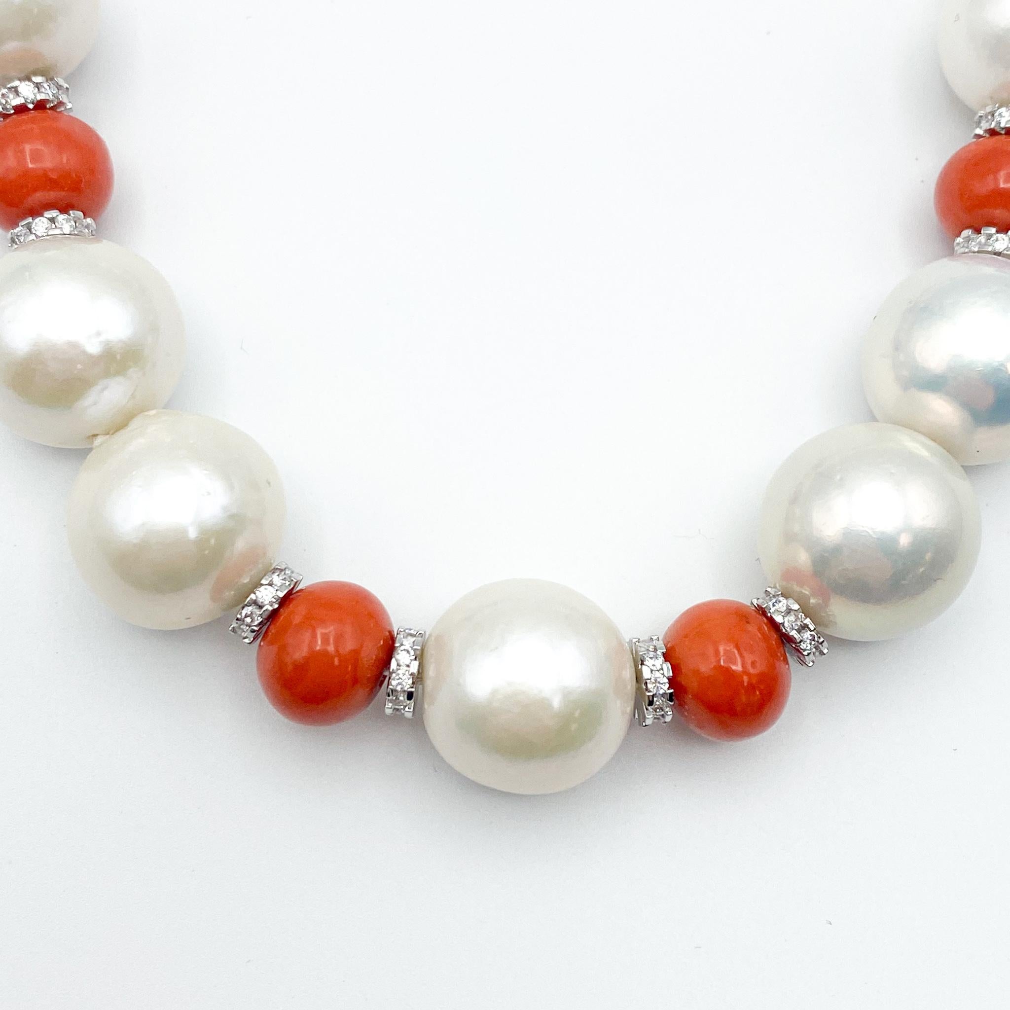 Mixed Cut Fine Coral and Pearl Necklace 14 Karat Gold