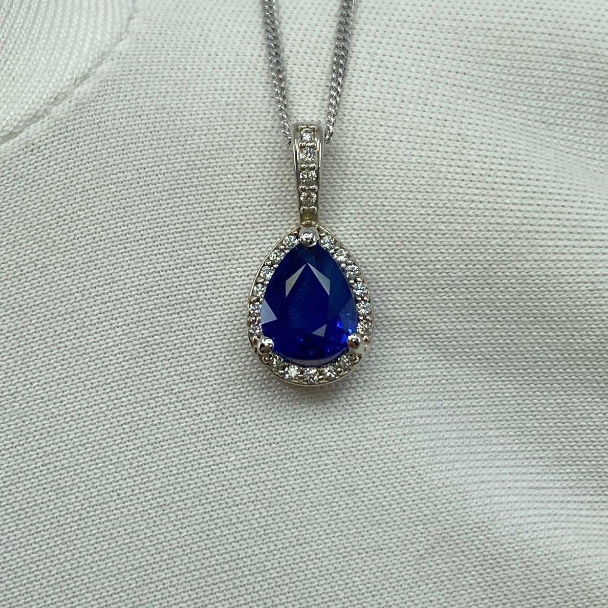 Fine Cornflower Blue Ceylon Pear Sapphire & Diamond 18k White Gold Halo Pendant 1