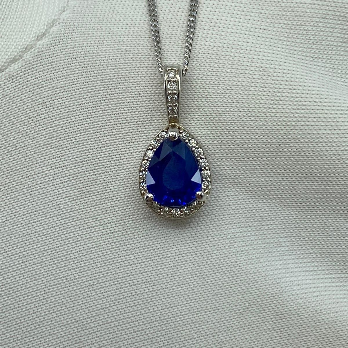 Fine Cornflower Blue Ceylon Pear Sapphire & Diamond 18k White Gold Halo Pendant 3
