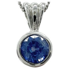 Fine Cornflower Blue Ceylon Sapphire 18k White Gold Round Cut Rubover Pendant