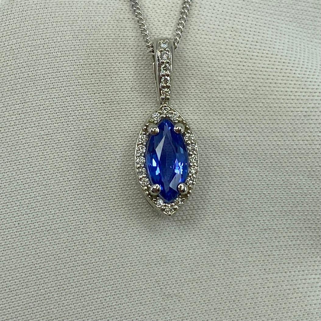Fine Cornflower Blue Ceylon Sapphire & Diamond Marquise Platinum Halo Pendant For Sale 5