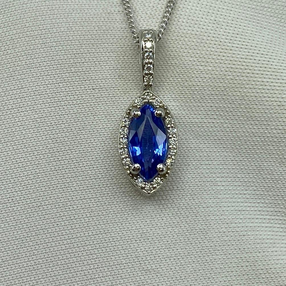 Fine Cornflower Blue Ceylon Sapphire & Diamond Marquise Platinum Halo Pendant For Sale 6