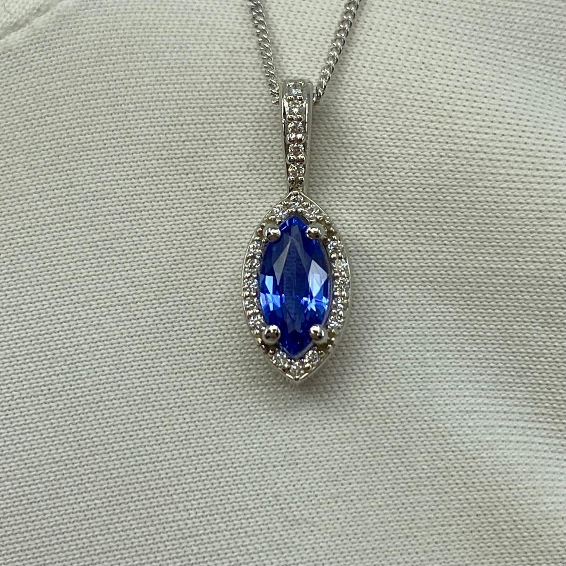 Fine Cornflower Blue Ceylon Sapphire & Diamond Marquise Platinum Halo Pendant Necklace.

0.65 Carat centre sapphire with a fine vivid cornflower blue colour and excellent clarity, very clean stone. Also has an excellent marquise cut, measures