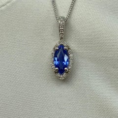 Fine Cornflower Blue Ceylon Sapphire & Diamond Marquise Platinum Halo Pendant
