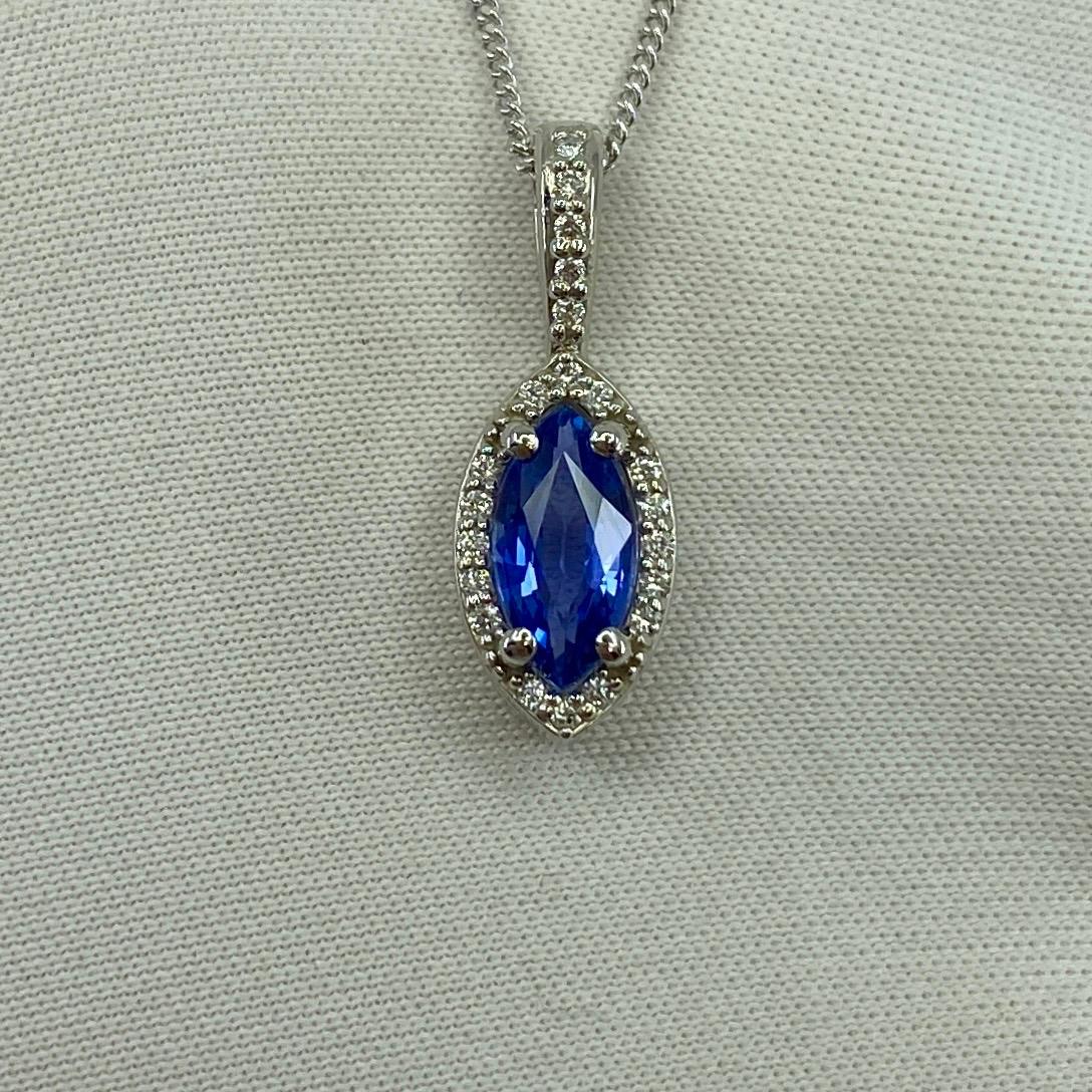 Marquise Cut Fine Cornflower Blue Ceylon Sapphire & Diamond Marquise Platinum Halo Pendant For Sale