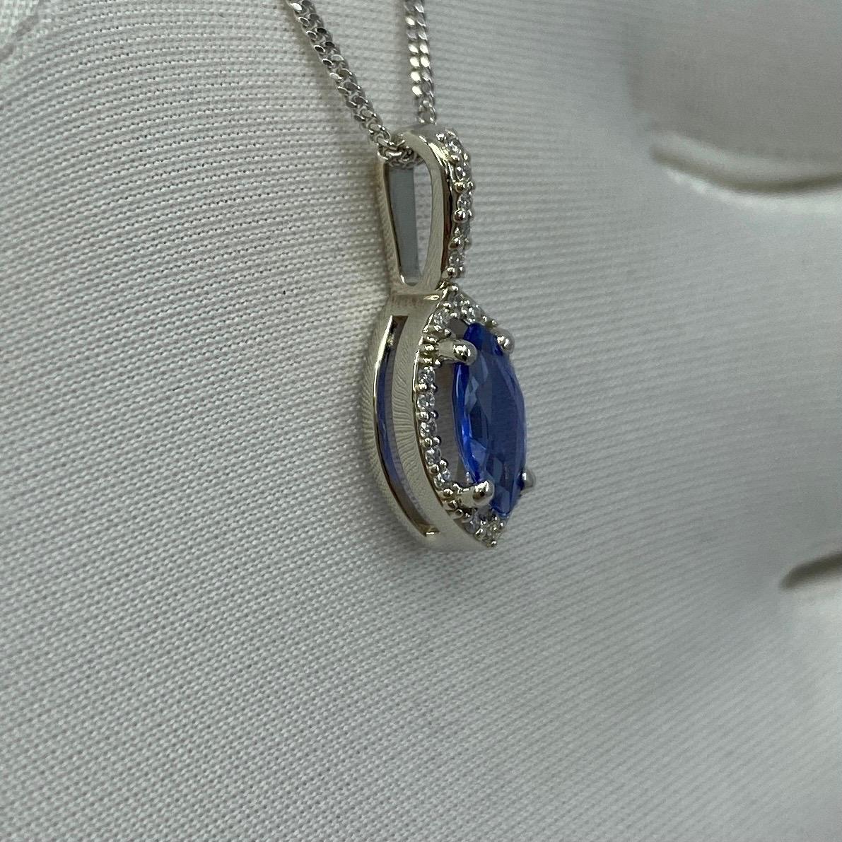 Women's or Men's Fine Cornflower Blue Ceylon Sapphire & Diamond Marquise Platinum Halo Pendant For Sale