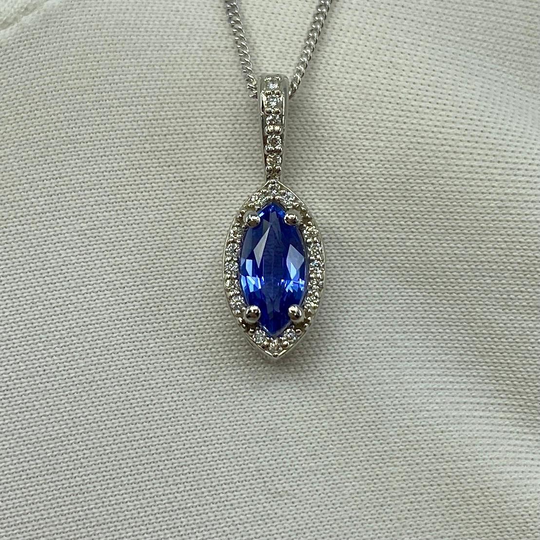 Fine Cornflower Blue Ceylon Sapphire & Diamond Marquise Platinum Halo Pendant For Sale 1