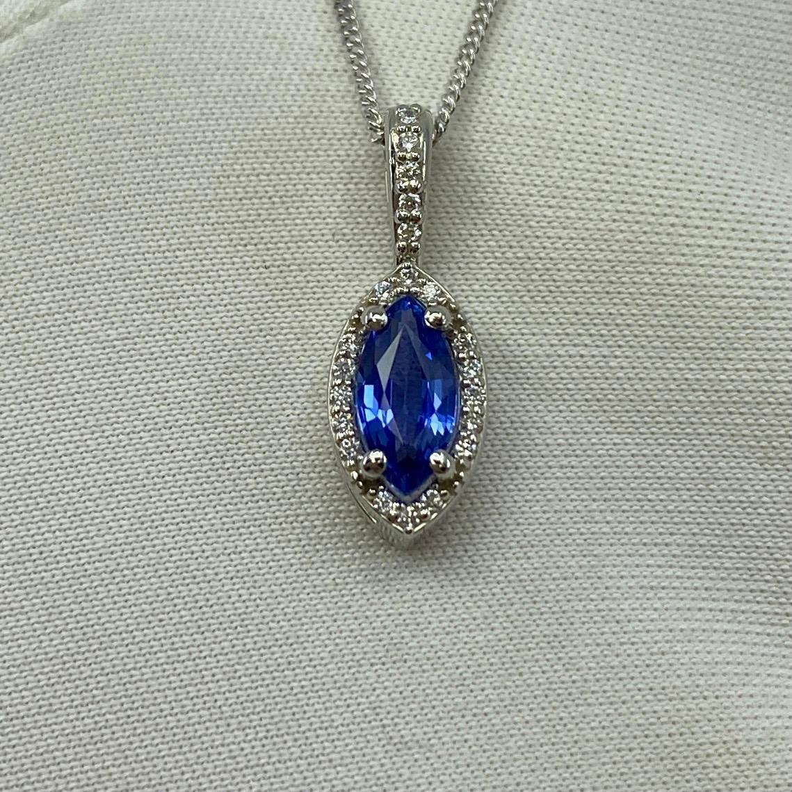 Fine Cornflower Blue Ceylon Sapphire & Diamond Marquise Platinum Halo Pendant For Sale 2