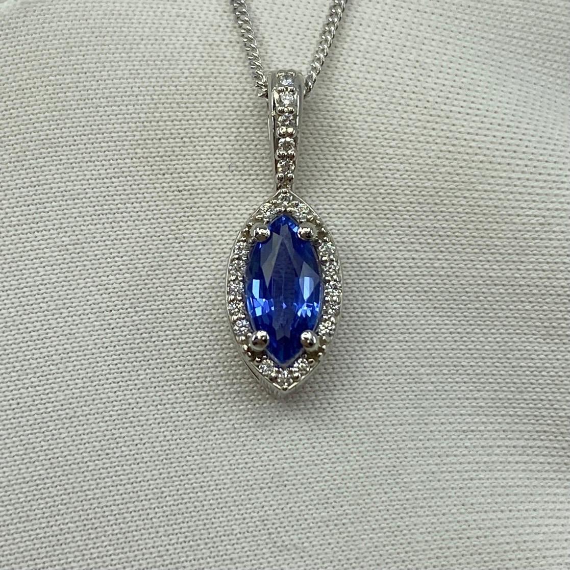 Fine Cornflower Blue Ceylon Sapphire & Diamond Marquise Platinum Halo Pendant For Sale 3