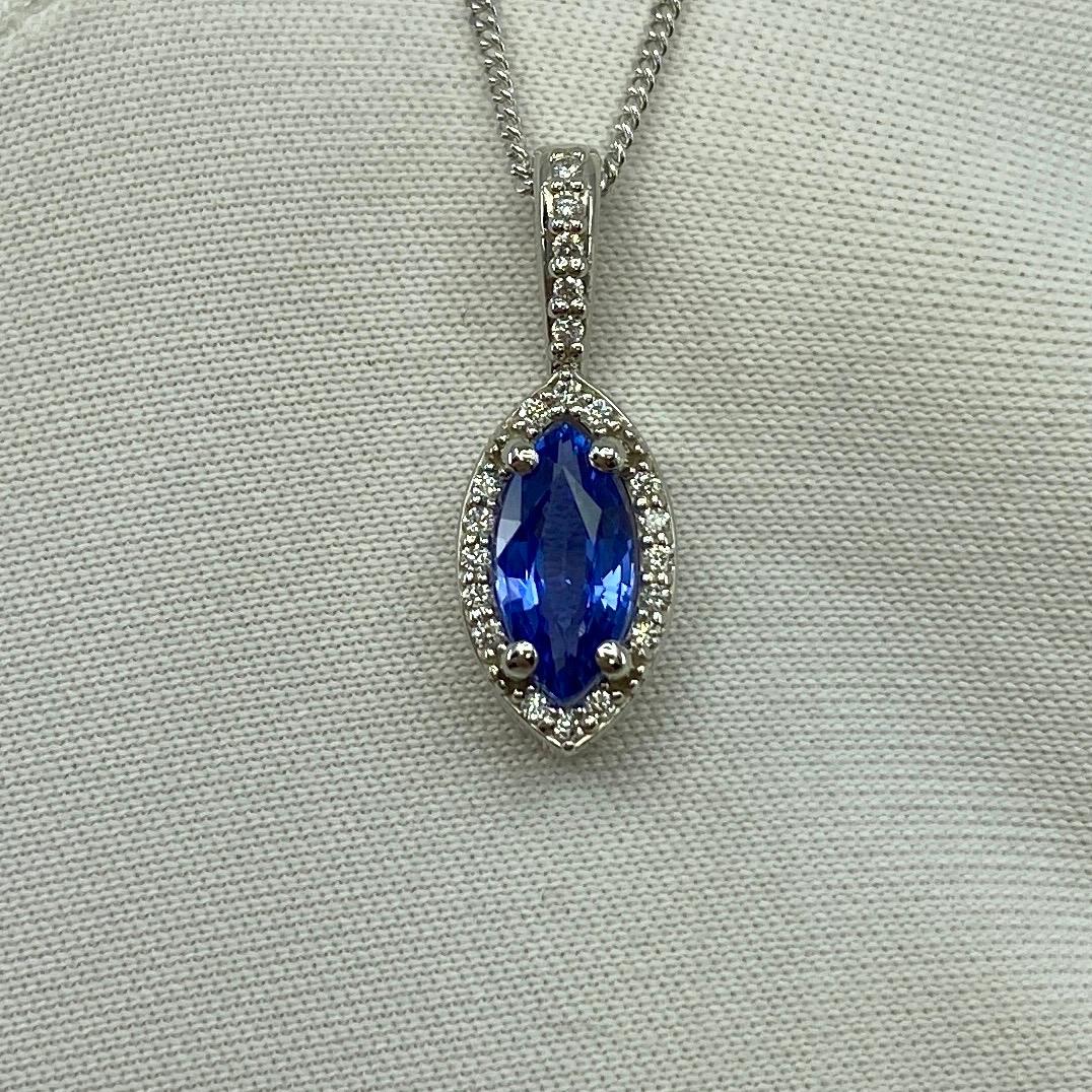 Fine Cornflower Blue Ceylon Sapphire & Diamond Marquise Platinum Halo Pendant For Sale 4