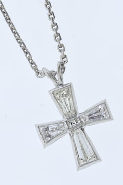 Fine Cross with Fine Fancy cut Diamonds in Platinum on an Antique Chain w/ Dias.