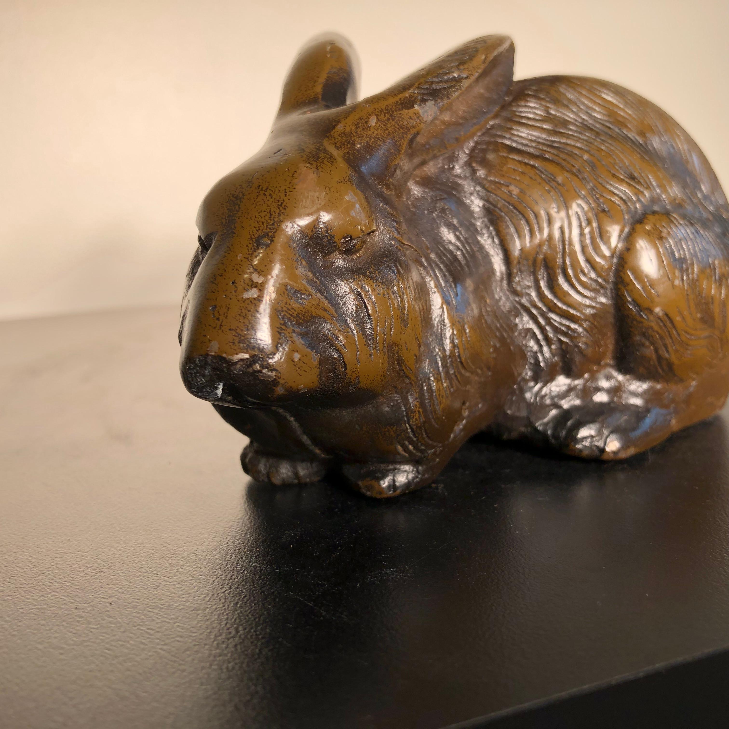 Hand-Crafted Fine Crouching Bronze Big Ear Rabbit from Japan, Fine Hair Details