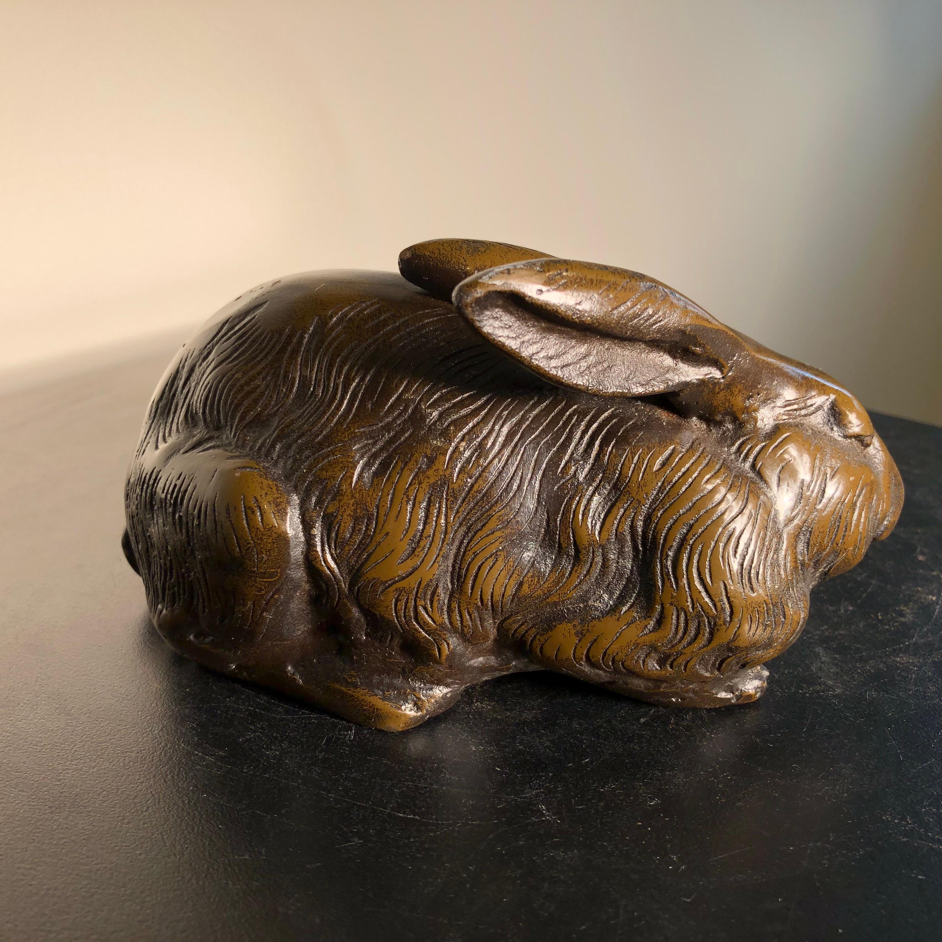 Fine Crouching Bronze Big Ear Rabbit from Japan, Fine Hair Details In Good Condition In South Burlington, VT