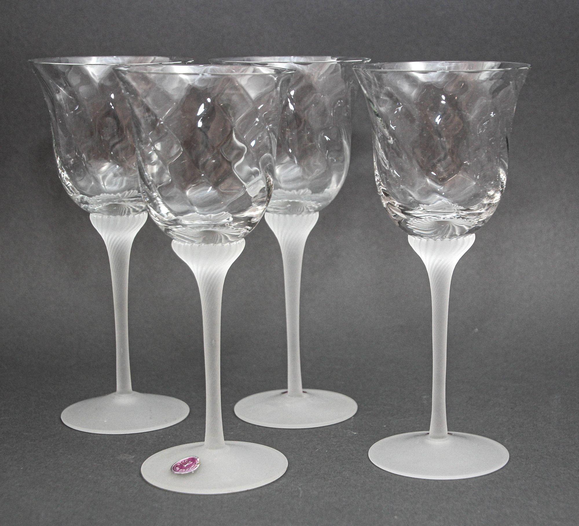 Romanian Fine Crystal Stemware Frosted Swirl Wine Goblets Set of 4 For Sale
