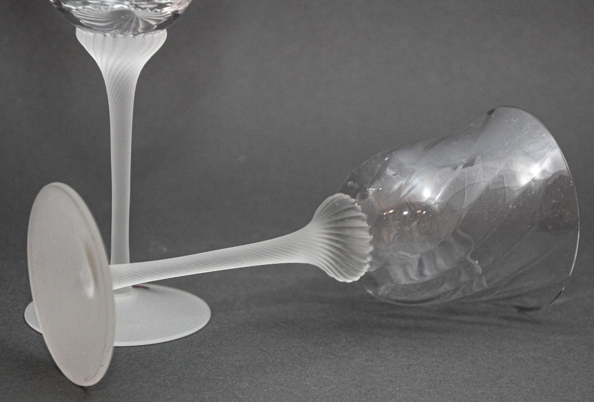 20th Century Fine Crystal Stemware Frosted Swirl Wine Goblets Set of 4 For Sale