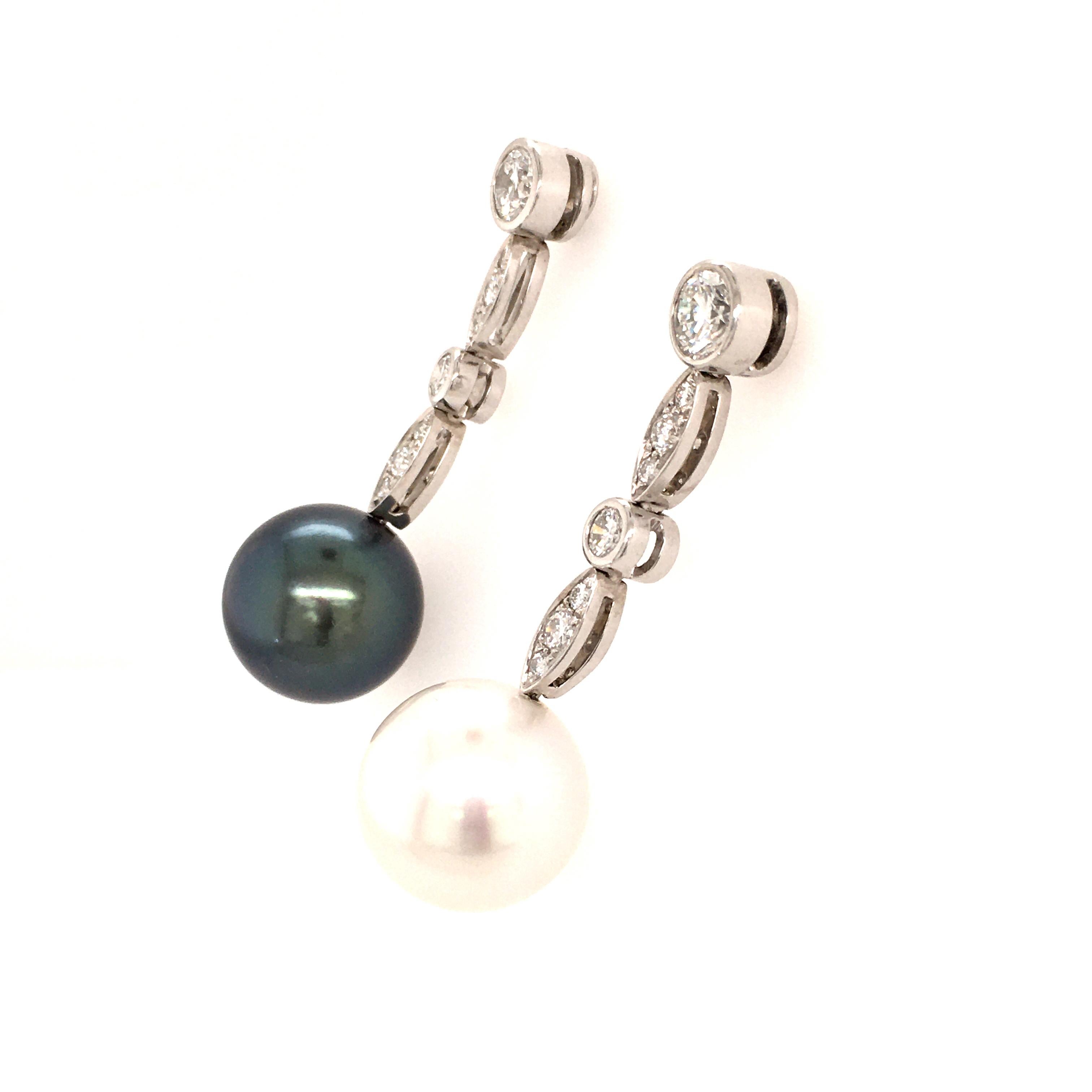 Round Cut Fine Cultured Pearl Earrings in White Gold with Diamonds