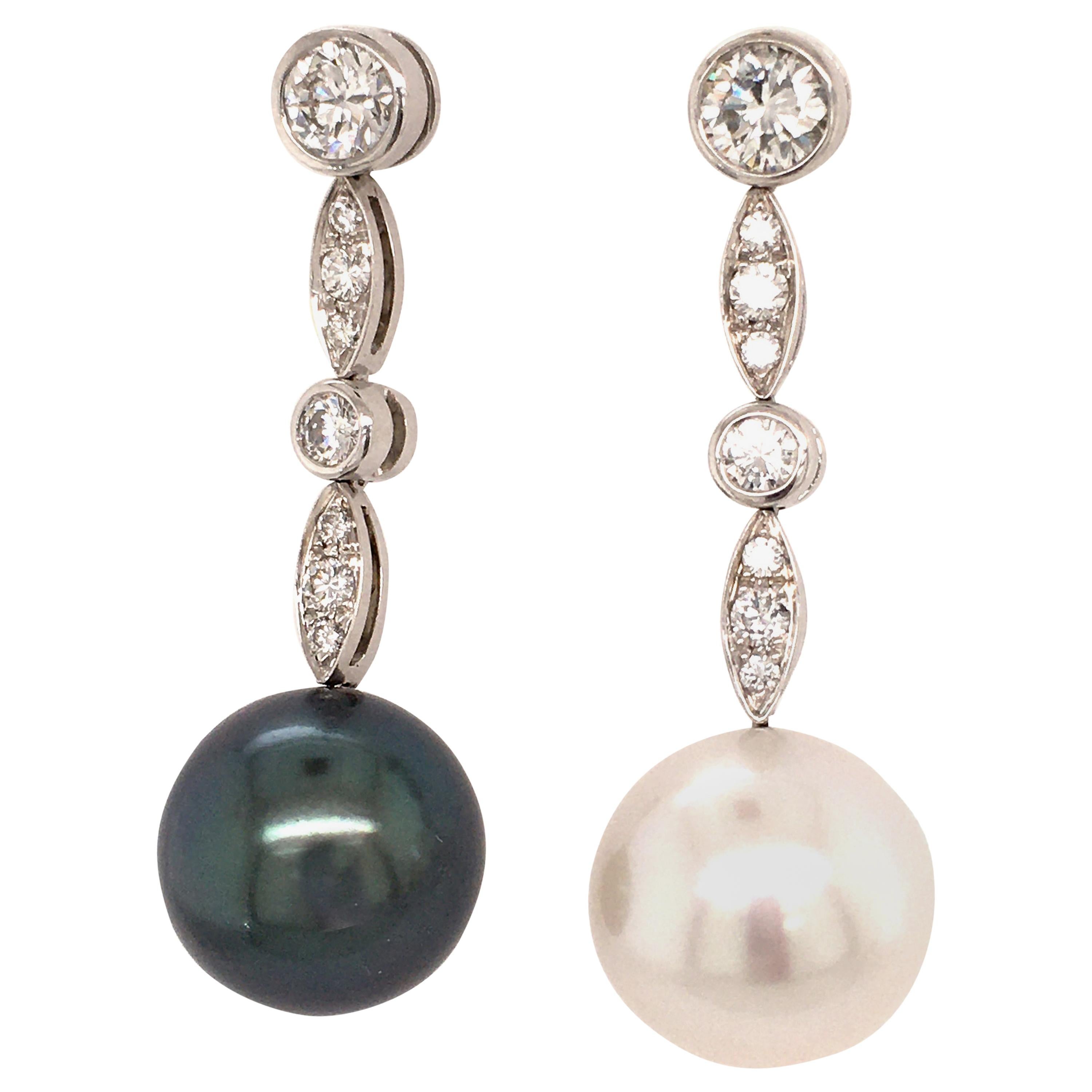 Fine Cultured Pearl Earrings in White Gold with Diamonds