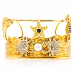 Fine Custom 18k Gold Cuff Bracelet with Ocean Sea-Life Theme by Mariano