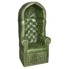 Fine Custom Brass Nail Head Trimmed Green Leather Tufted Porter Canopy Chair Fine Custom Brass Nail Head Trimmed Green Leather Tufted Porter Canopy Chair