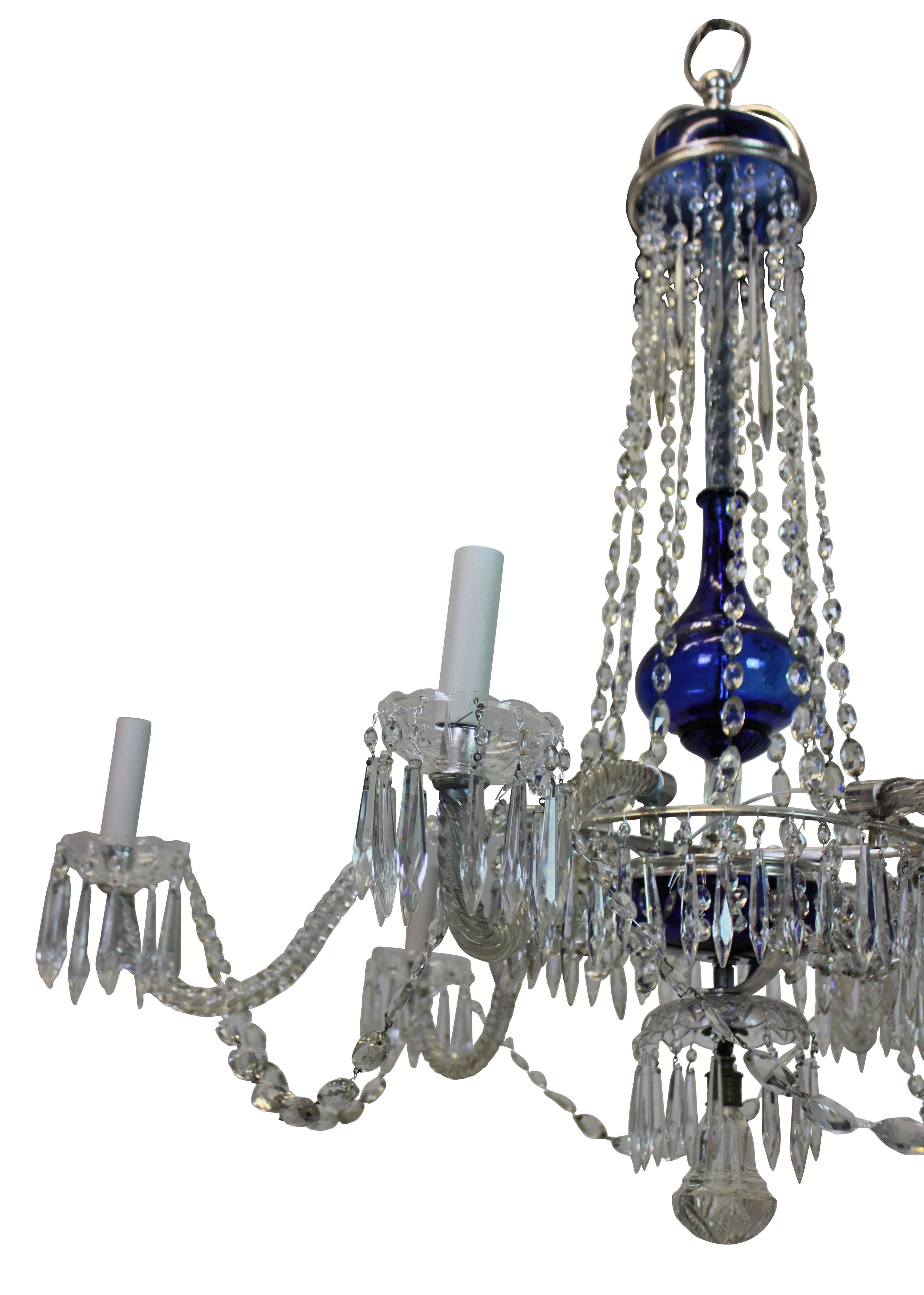 Early 20th Century Fine Cut Glass Baltic Chandelier with Blue Glass