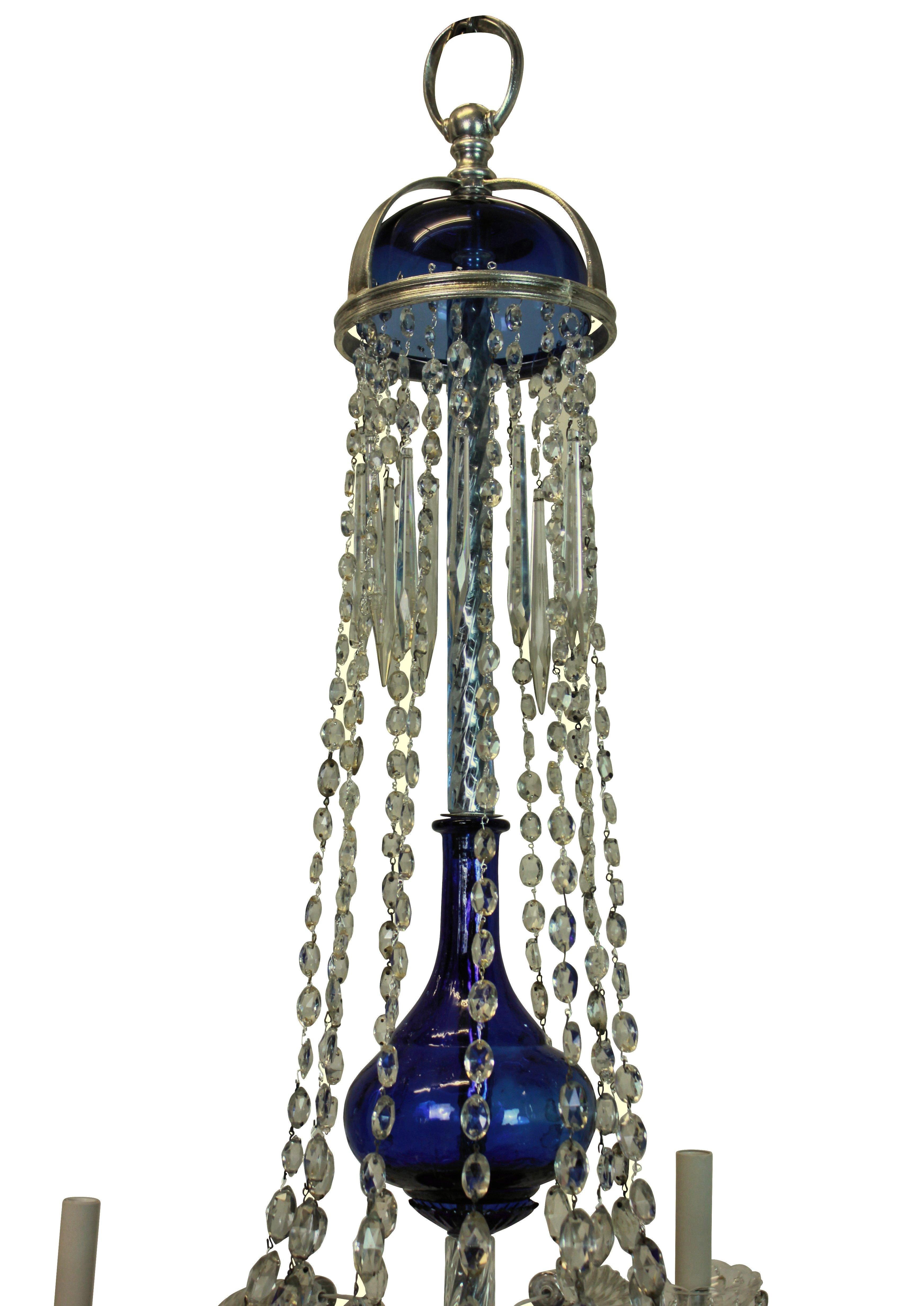 Early 20th Century Fine Cut-Glass Baltic Chandelier with Cobalt Blue