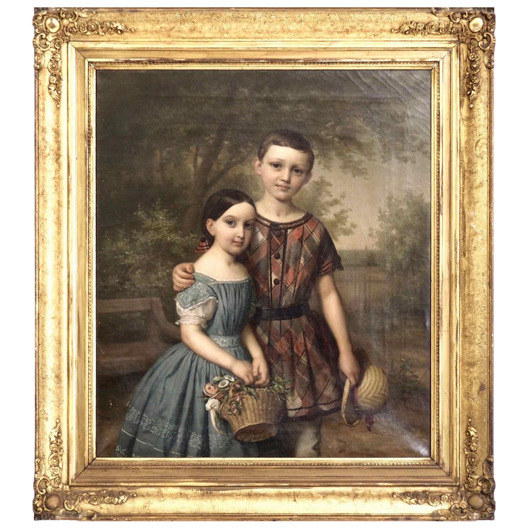 Fine Danish Portrait Painting of a Girl and Boy, 1851