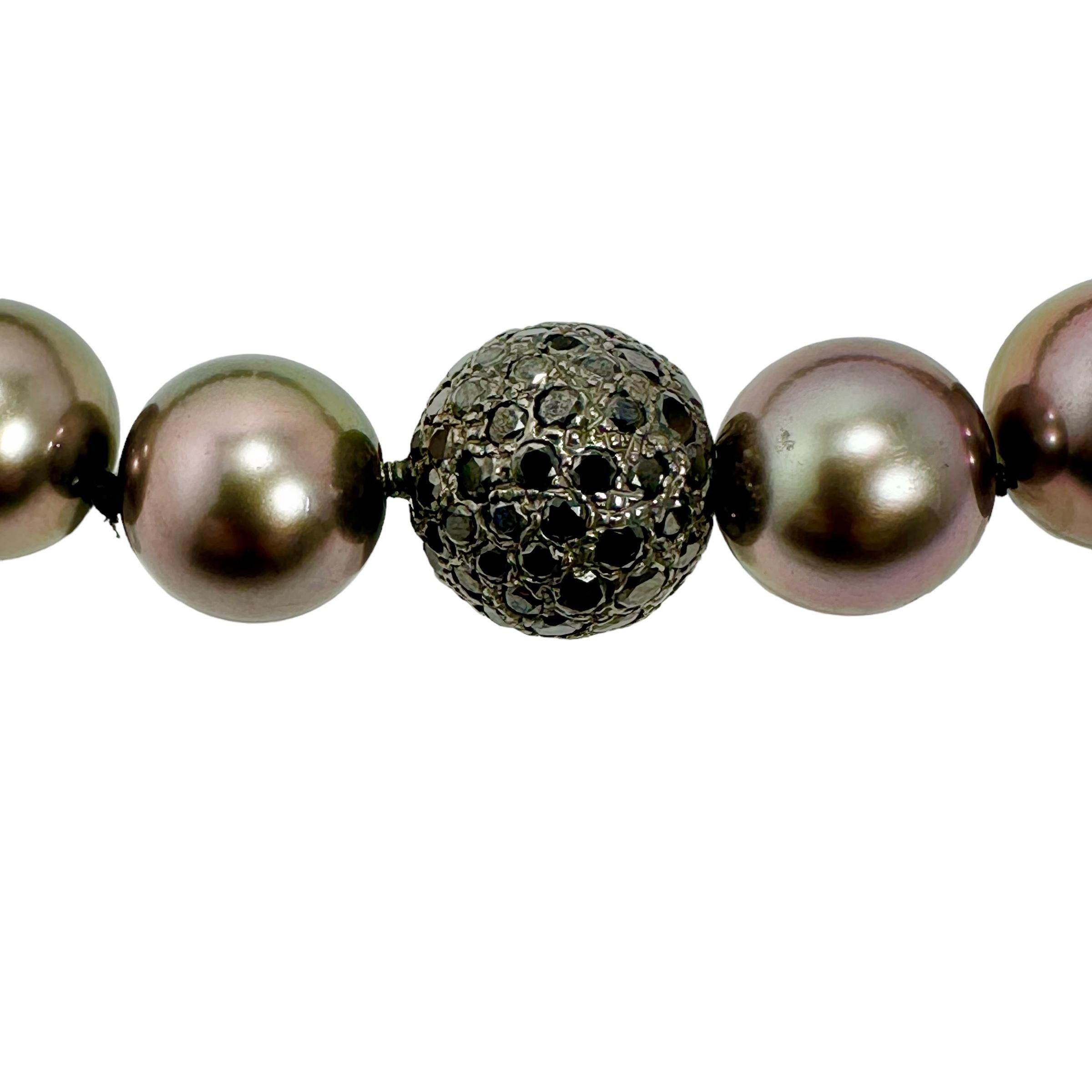 Mixed Cut Fine Dark Grey 19 Inch Tahitian Cultured Pearls w/ Black Diamond Ball Clasp For Sale