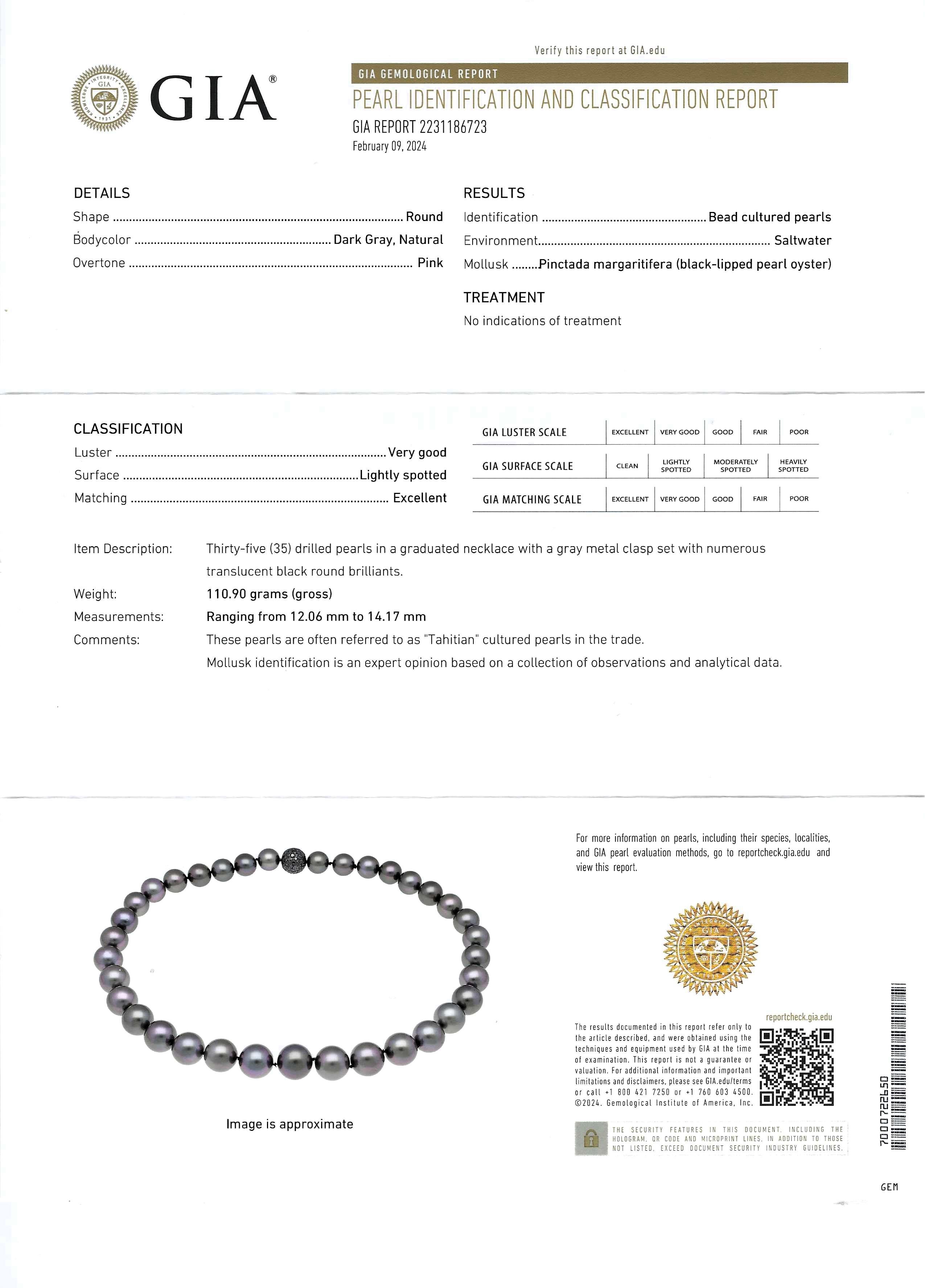 Fine Dark Grey 19 Inch Tahitian Cultured Pearls w/ Black Diamond Ball Clasp For Sale 3
