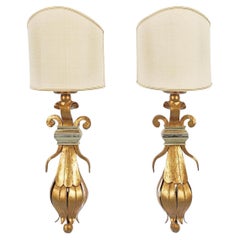 Fine Decorative Pair of Gilt European Metal Wall Sconces with Shades