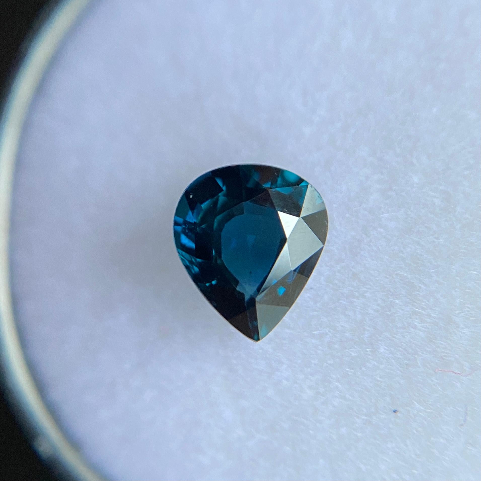 FINE Deep Blue Sapphire Gemstone.

1.02 Carat with a beautiful deep blue colour and excellent clarity, a very clean stone.

Also has an excellent pear teardrop cut and polish to show great shine and colour, would look lovely in jewellery. Measures