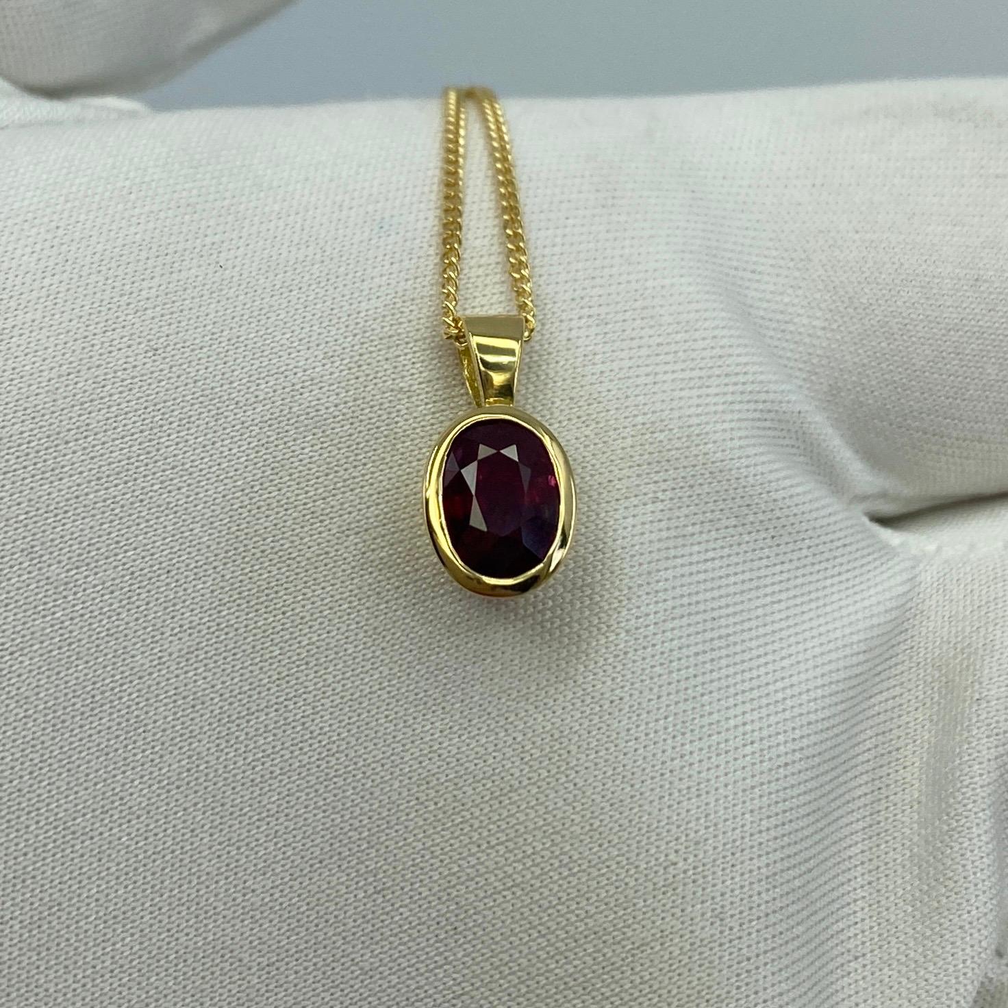 Fine Deep Red Ruby 18 Karat Yellow Gold Solitaire Pendant Necklace.

Stunning 1.17 carat ruby with a fine deep red colour and excellent oval cut. Also has very good clarity with only some small natural inclusions visible when looking closely. 

The