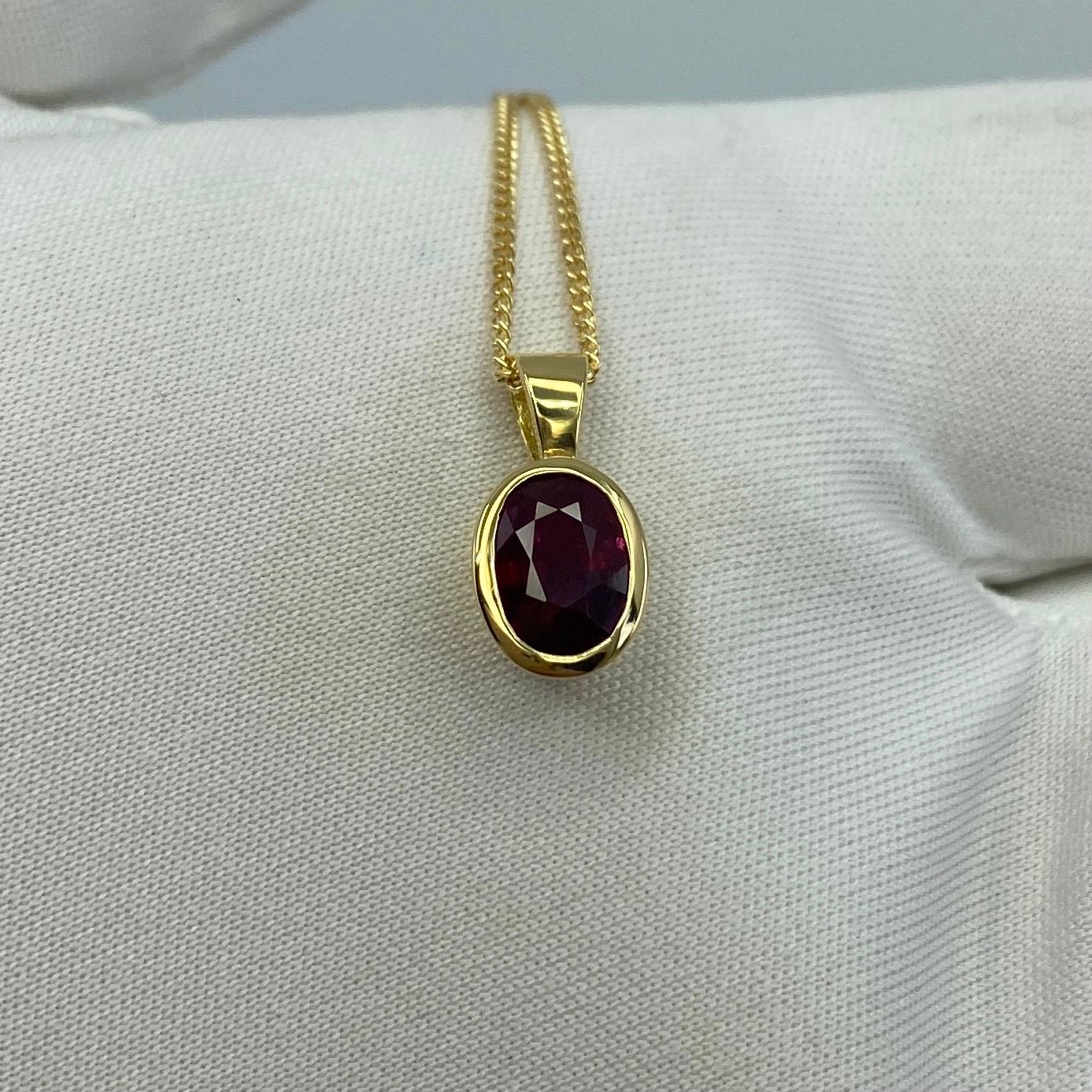 Fine Deep Red Ruby 1.17ct Oval Cut 18k Yellow Gold Solitaire Pendant Necklace In New Condition In Birmingham, GB