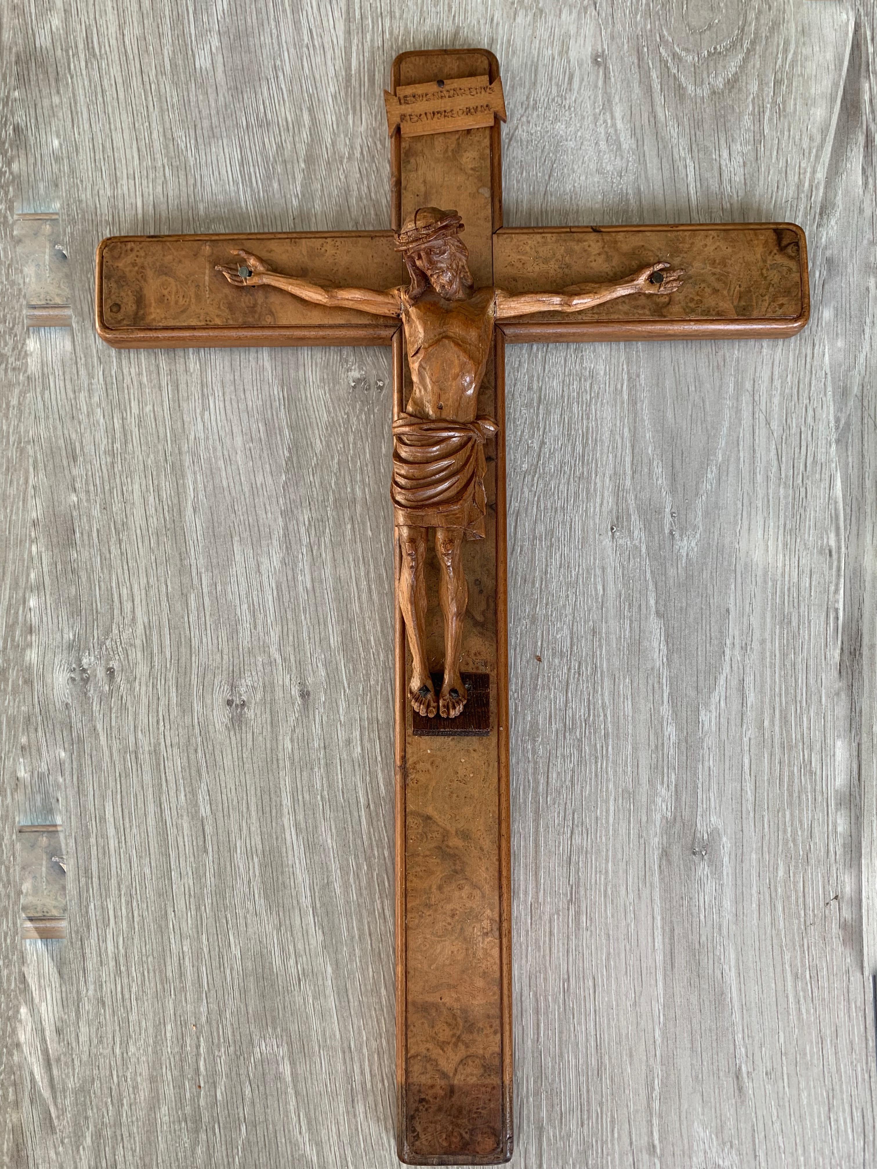 German Fine Detailed Early 1900s Carved Burl Walnut Wood Wall Crucifix Corpus of Christ