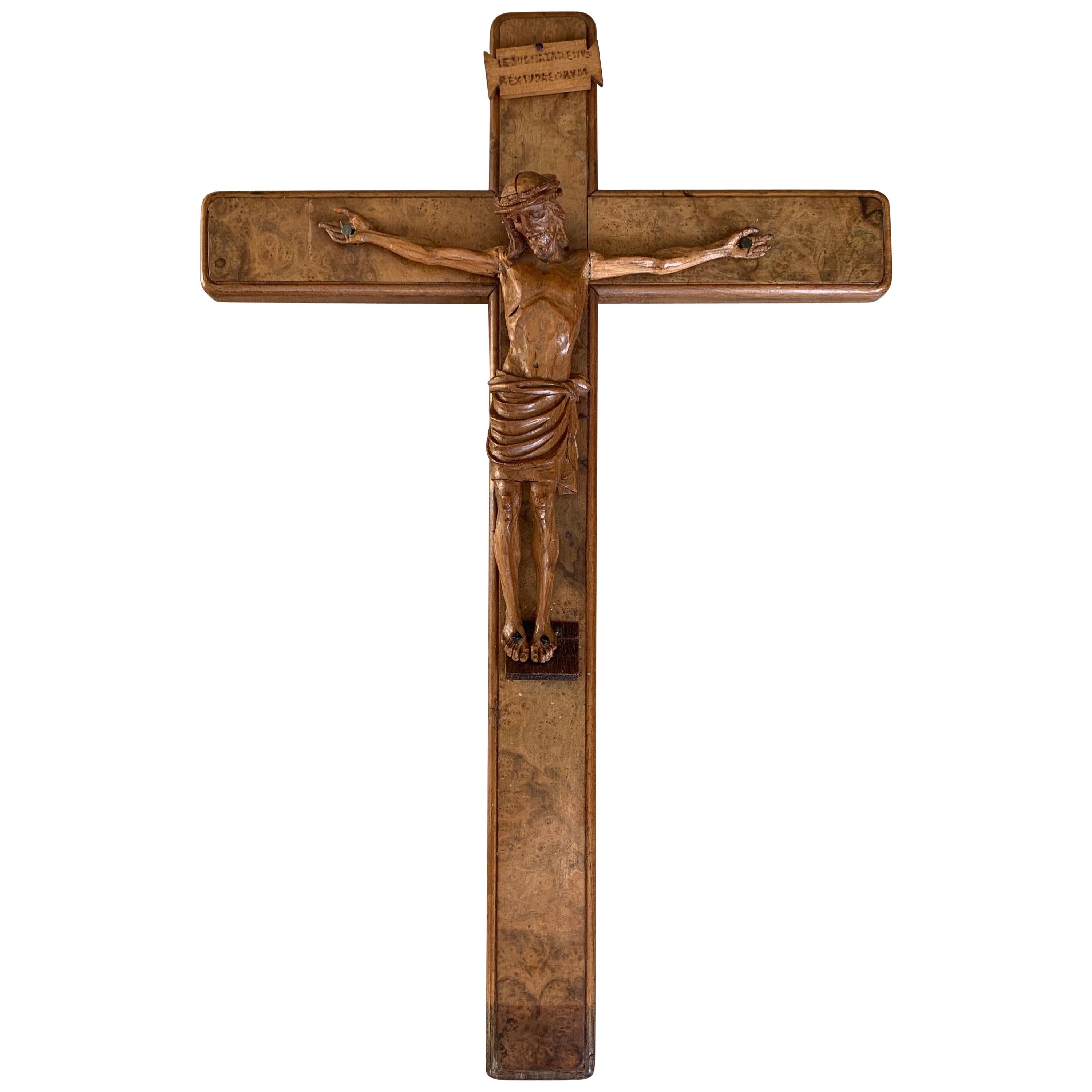 Fine Detailed Early 1900s Carved Burl Walnut Wood Wall Crucifix Corpus of Christ